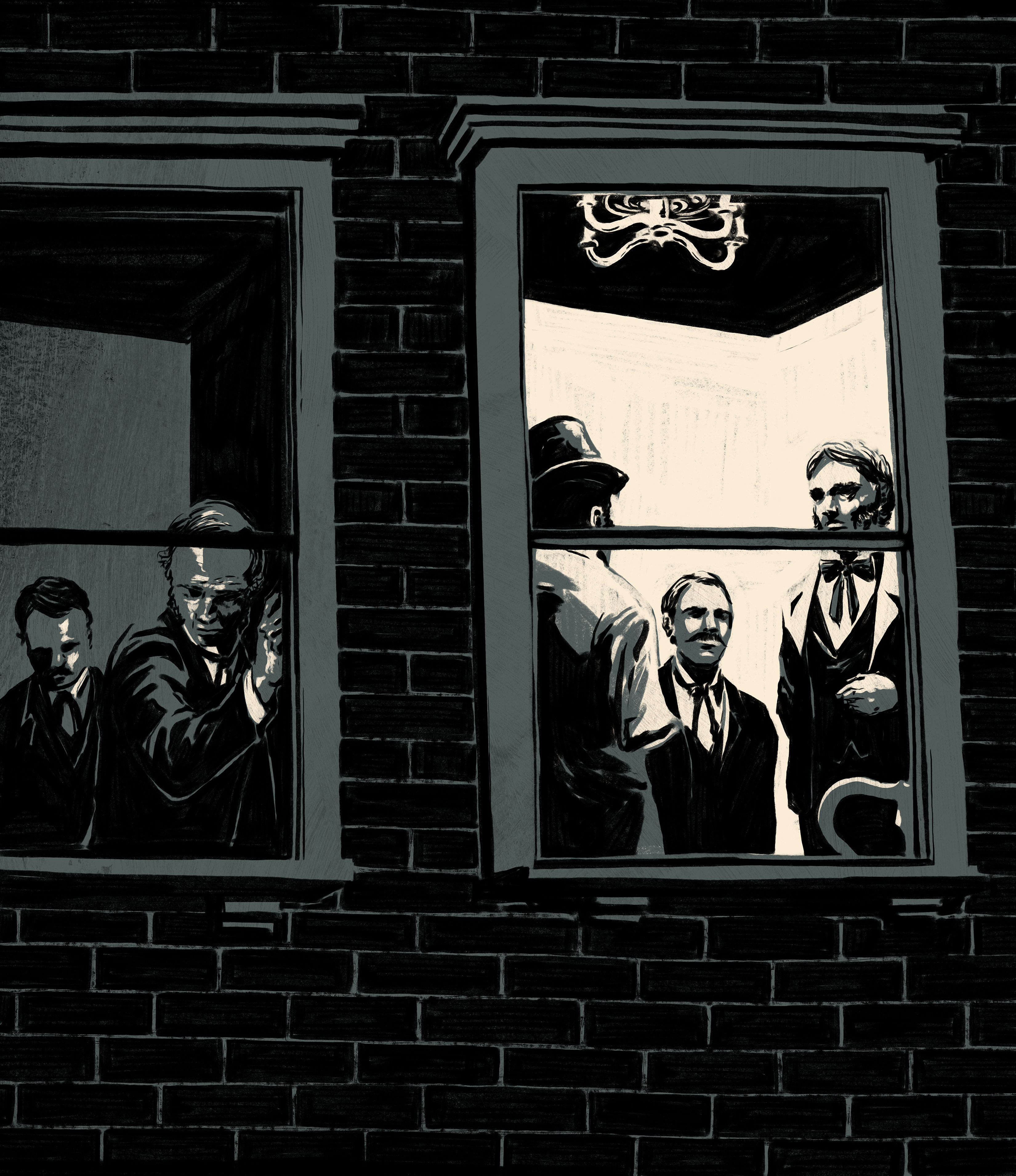 The detectives eavesdrop on Bristol Bill, “One-Eyed Thompson,” and criminal mastermind Samuel Drury.