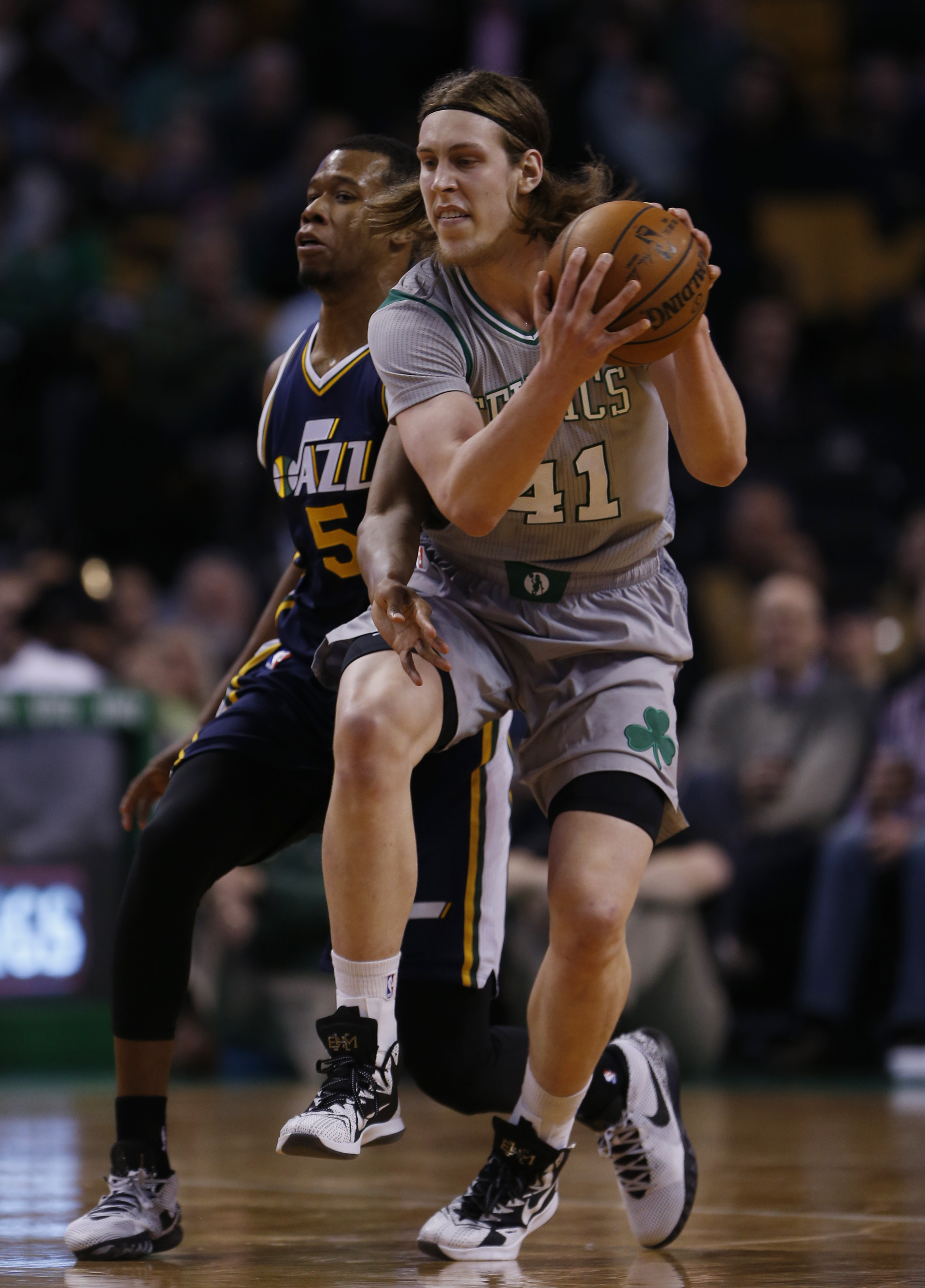 Celtics center Kelly Olynyk, who had been out since Jan. 22 before returning to action on Wednesday, played a little keepaway from Utah’s Rodney Hood.