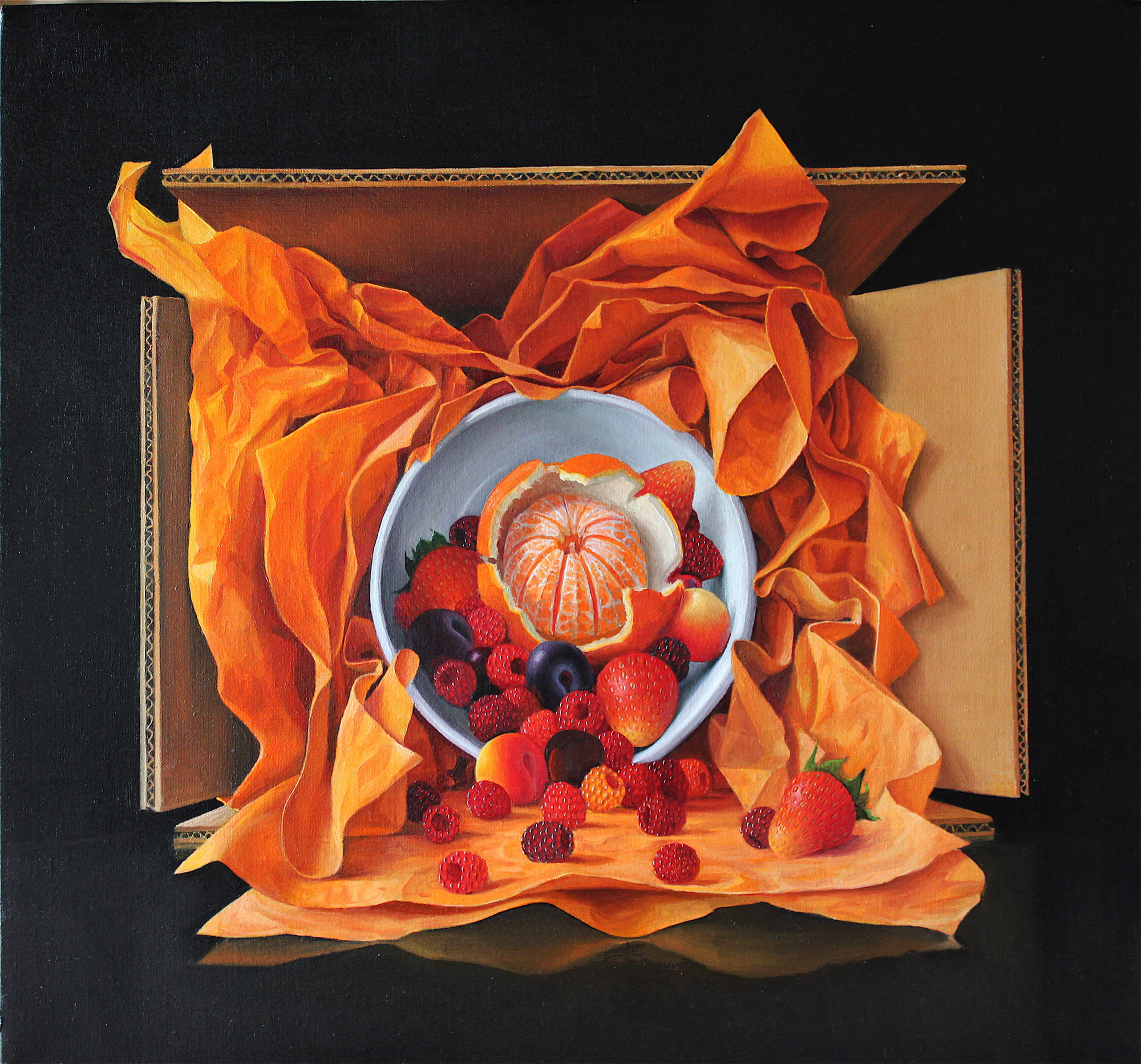 “Bowl of Fruit With Flame Orange Tissue, Week #7’’ by James Aponovich.