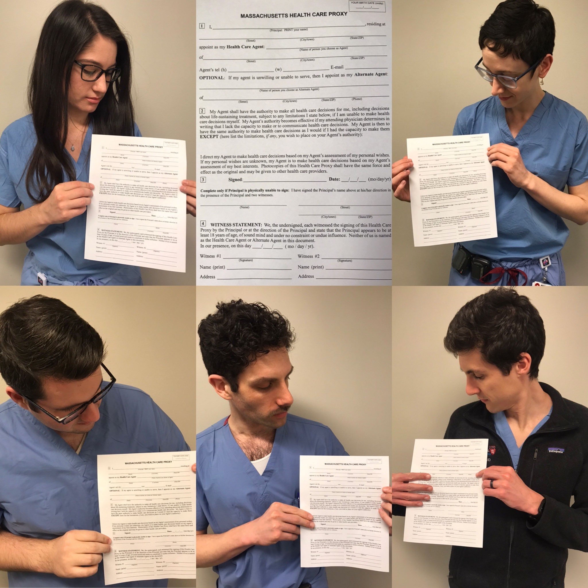 As the coronavirus pandemic began, internal medicine residents at Massachusetts General Hospital filled out their health care proxy forms and urged the public to follow suit. They are, top row, Dr. Ashley Martinez, left, and Dr. Gabrielle K. Bromberg; bottom row, from left: Dr. Ryan Flanagan, Dr. Samuel D. Slavin, and Dr. Bradley J. Petek.