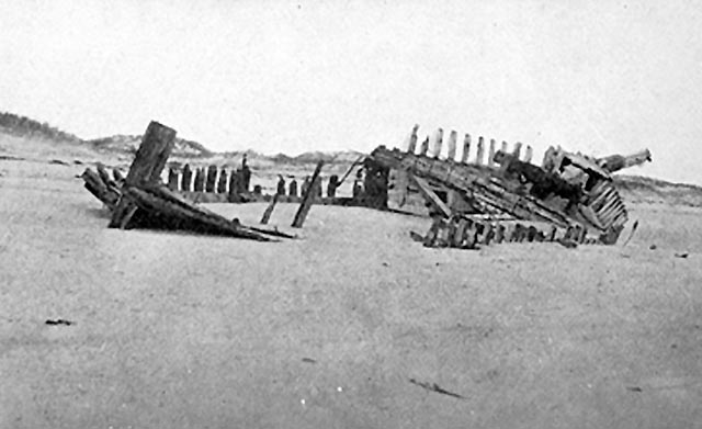 The Ada K. Damon one year after wrecking on Crane Beach. From "Sand Dunes and Salt Marshes" by Charles Wendell Townsend.