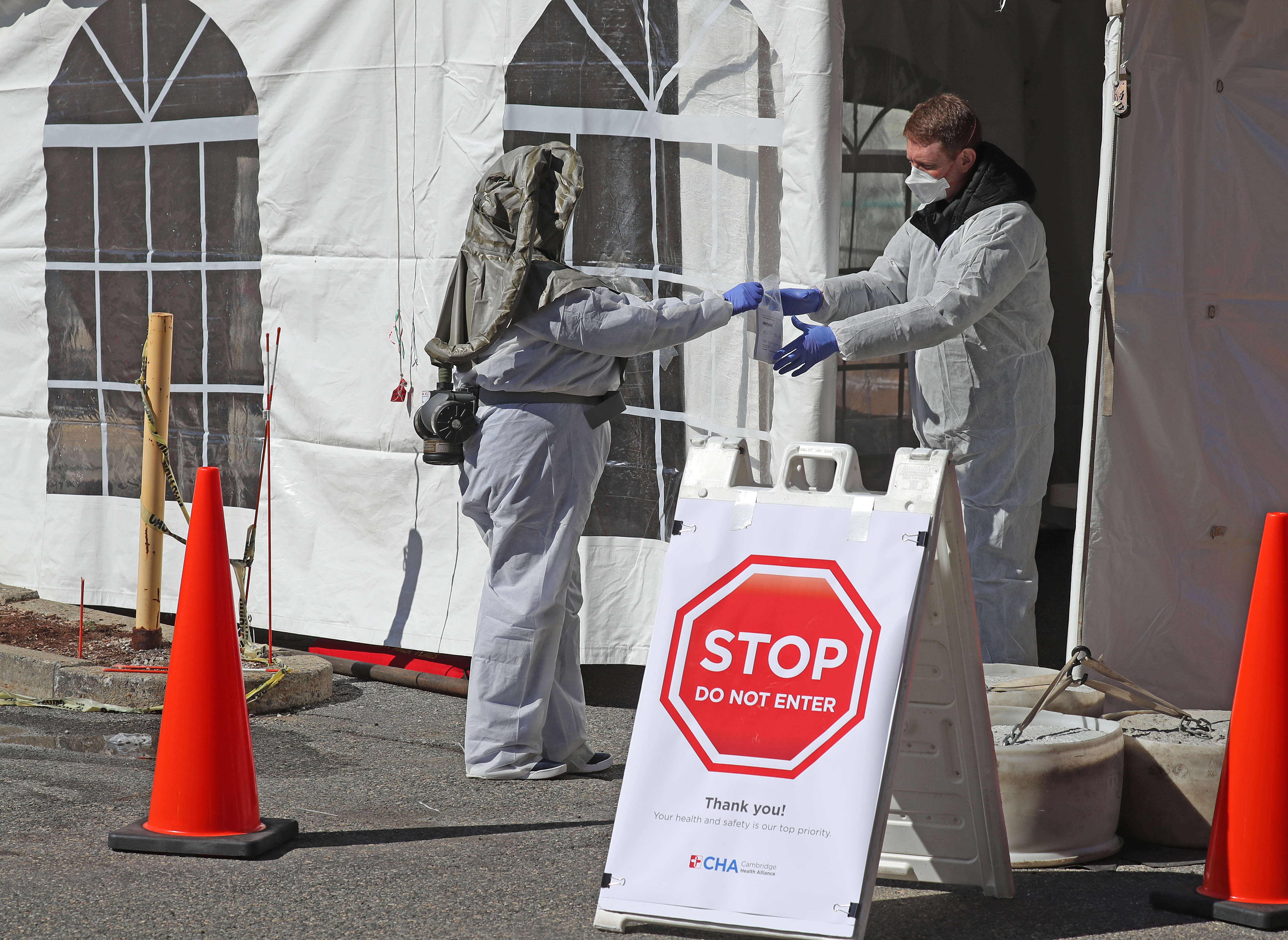 Medical staff members worked in a tent at the Somerville Hosptial.
