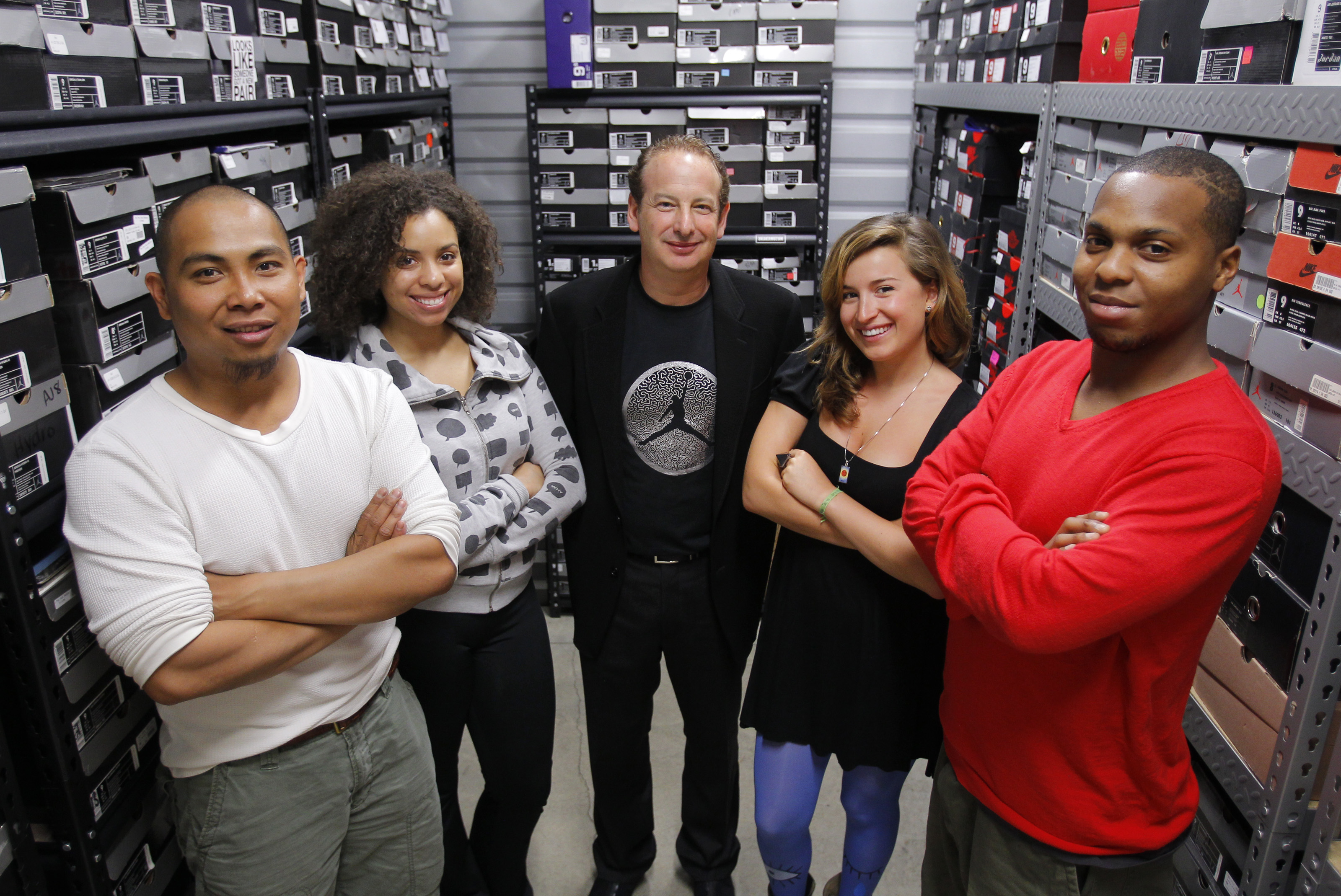 The staff of the Sneaker Museum (from left): director Jason Sinatra, social media and blog manager Sandra Manzanares, collector Rick Kosow, creative director and curator Olivia Ives-Flores, and director of operations Marcus Johnson-Smith surrounded by some of Kosow’s 1,000 sneakers.
