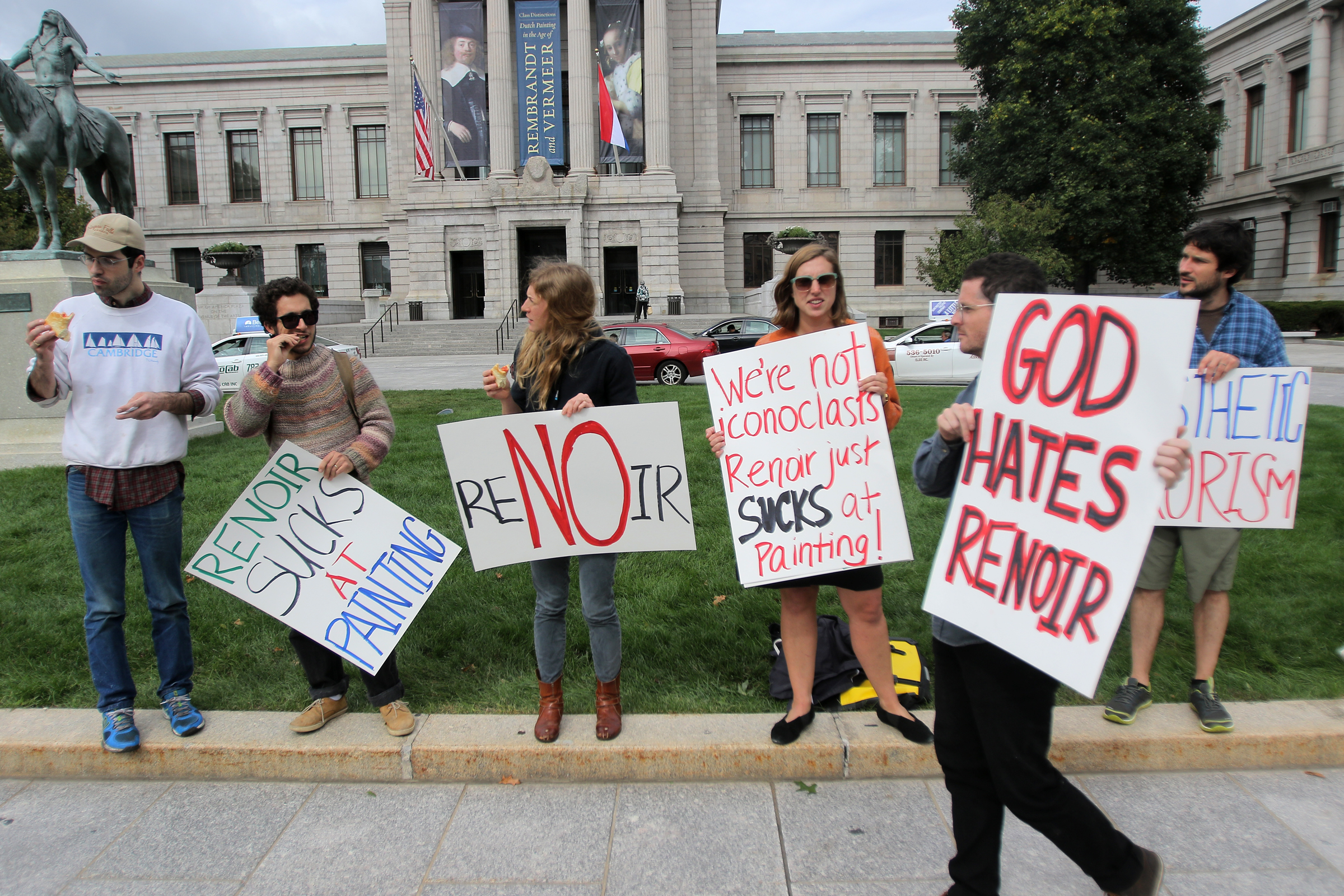 A group of protesters outside the Museum of Fine Arts.