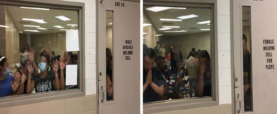 Fifty-one women were held in a cell designed for 40 male children (left) and 71 men were held in a cell built for 41 women at the Border Patrol’s Fort Brown station.