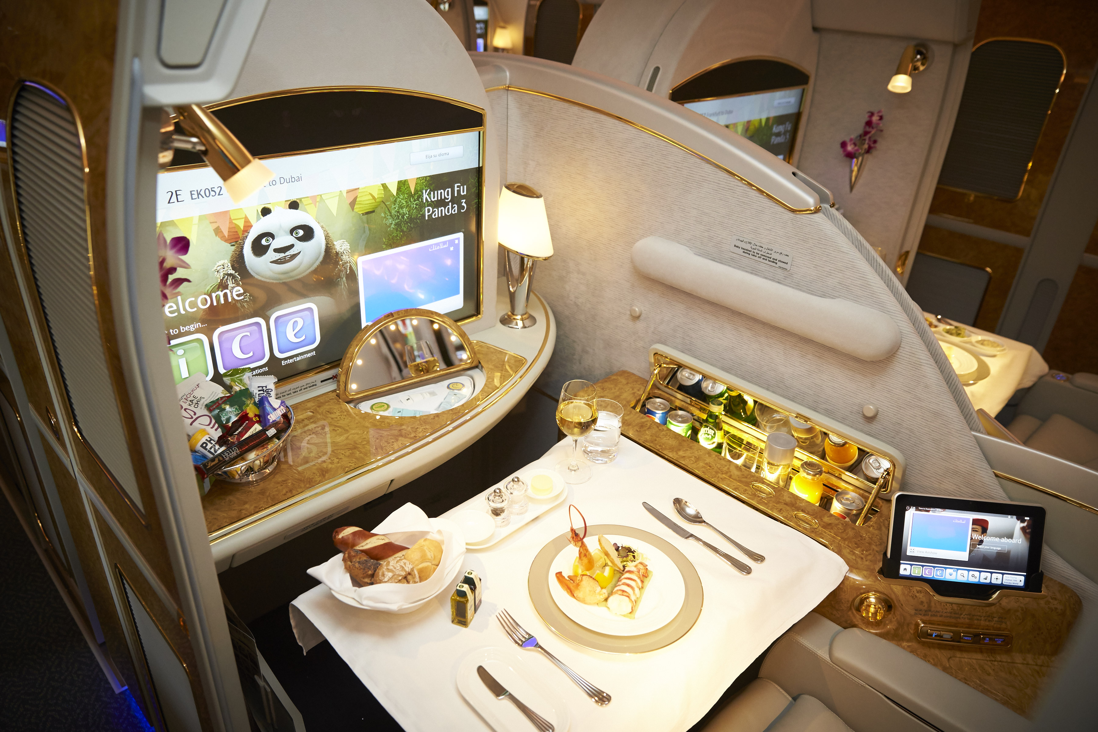 A look at a first class cabin on an Emirates A380.