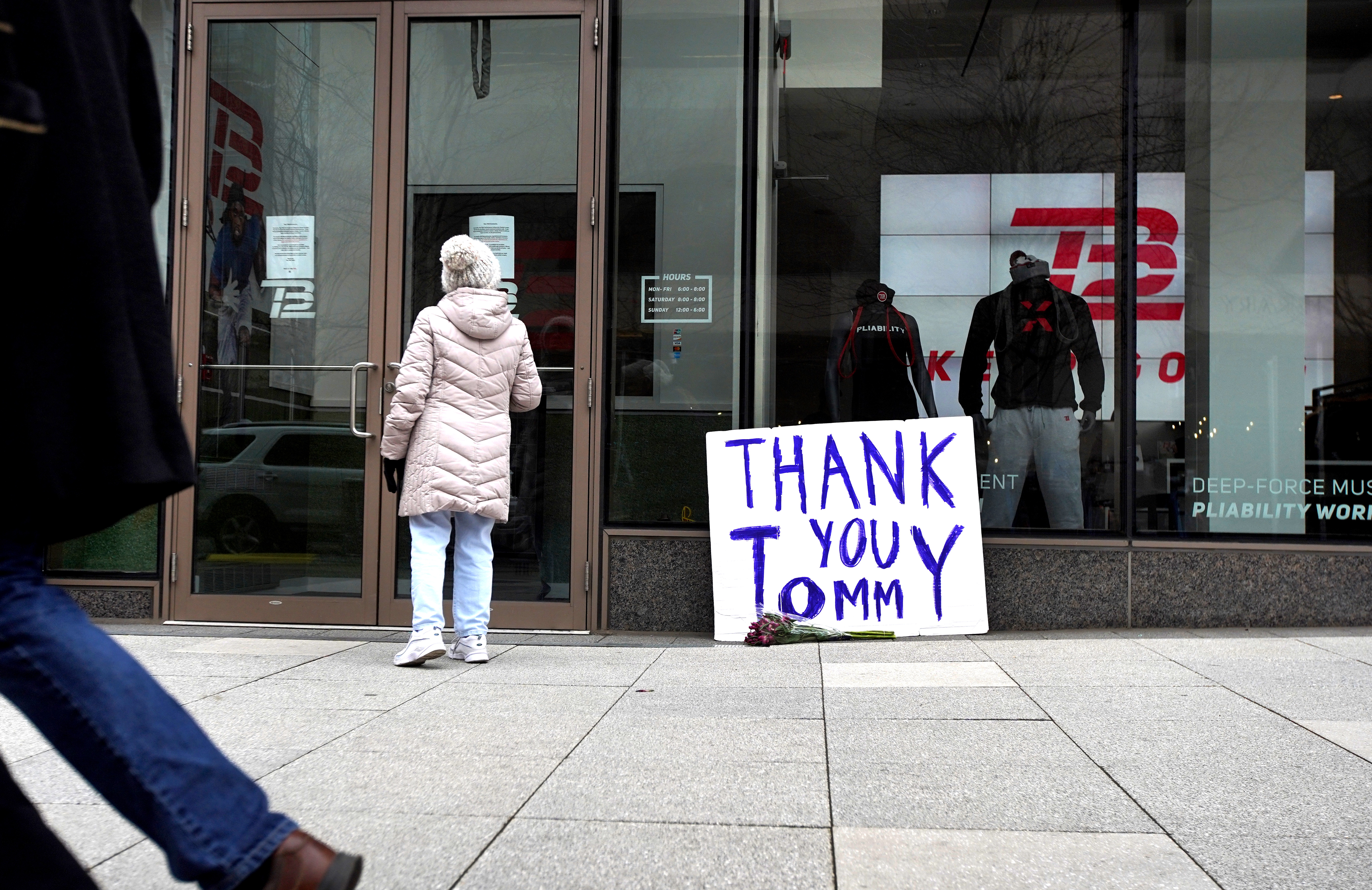 A thank you sign was placed outside the TB12 Performance and Recovery Center on Boylston street in Boston on Tuesday.