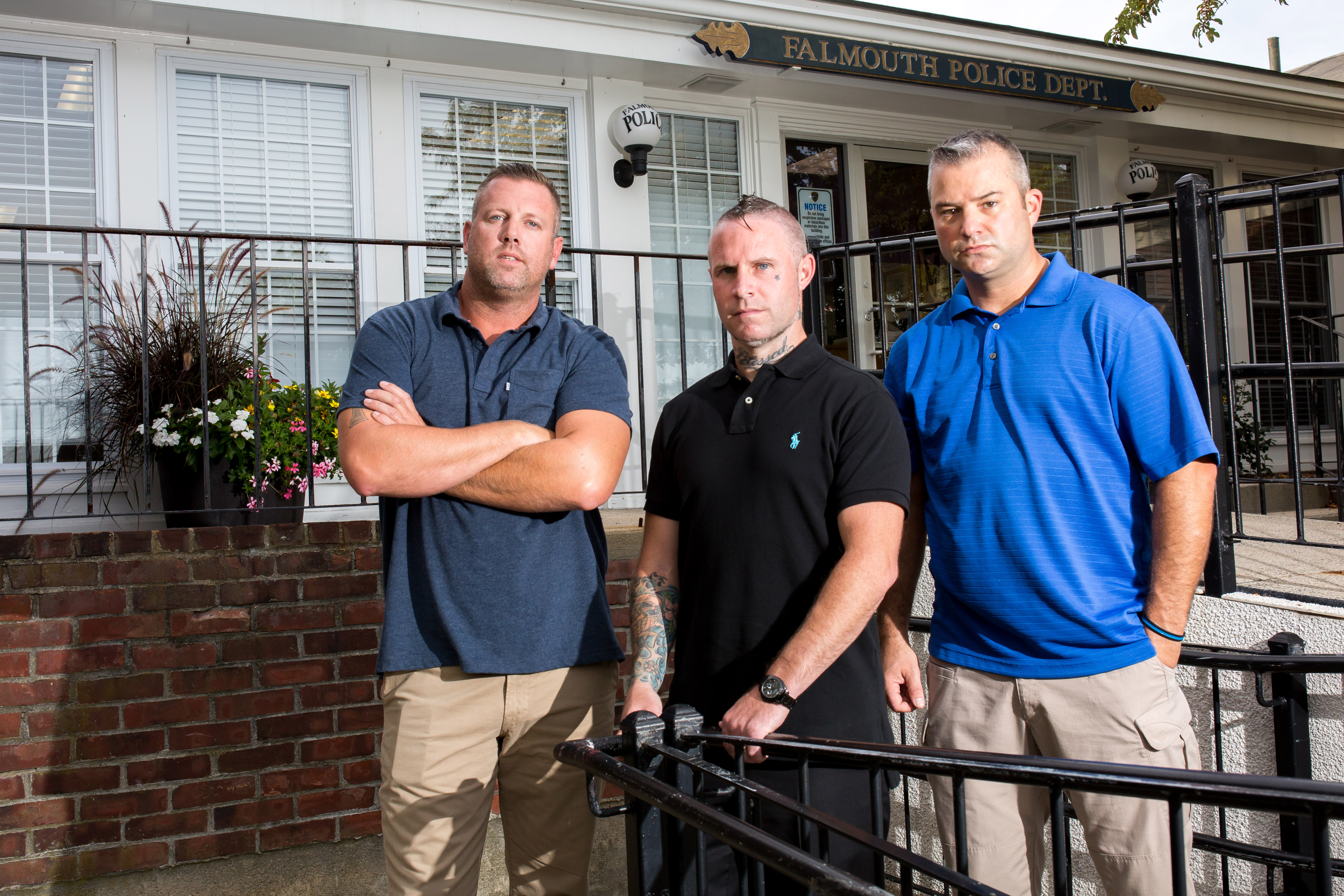 From left: Gosnold center’s Brendan Gettings and Kristoph Pydynkowski have been working with Falmouth Police Sergeant Michael Simoneau to bring addicts to treatment.