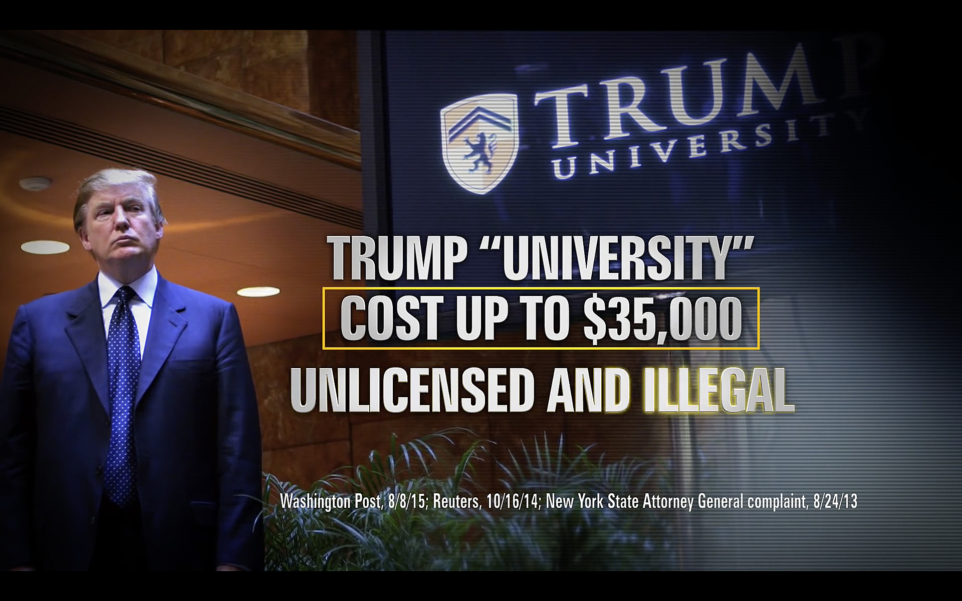 Screen grab of Youtube video of a negative TV advertisement against Donald Trump "Scam" supported by Our Principles PAC.
