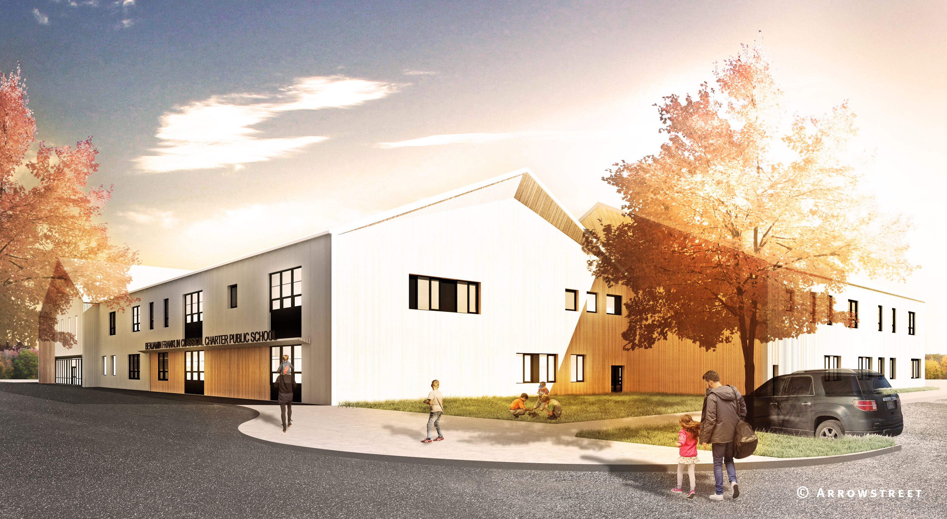 A concept rendering of the new Benjamin Franklin Classical Charter Public School building that is planned at 500 Financial Park Drive in Franklin.