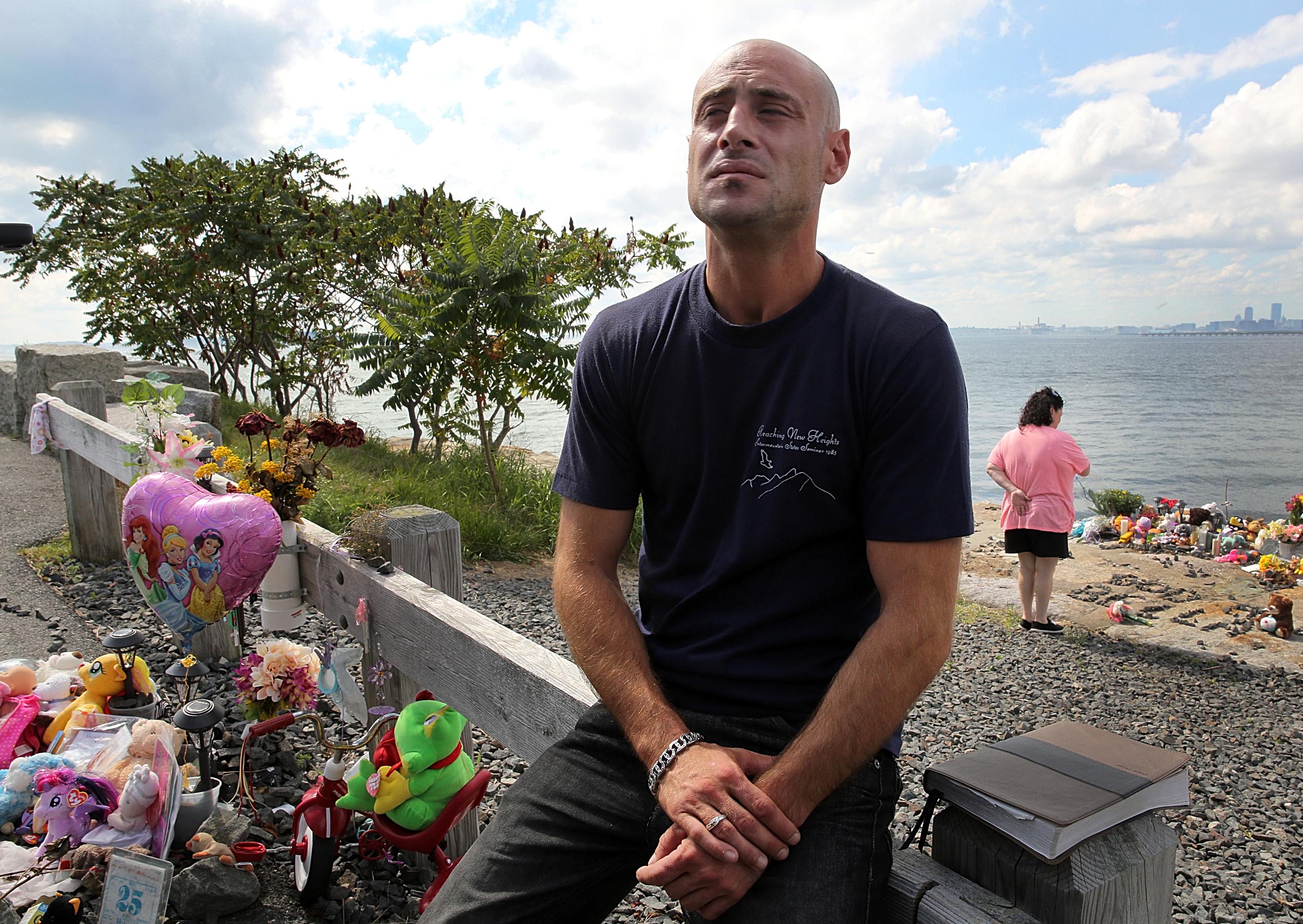 Joseph Amoroso, the biological father of Bella Bond, visited his daughter's memorial, erected at Deer Island in Winthrop on Saturday.