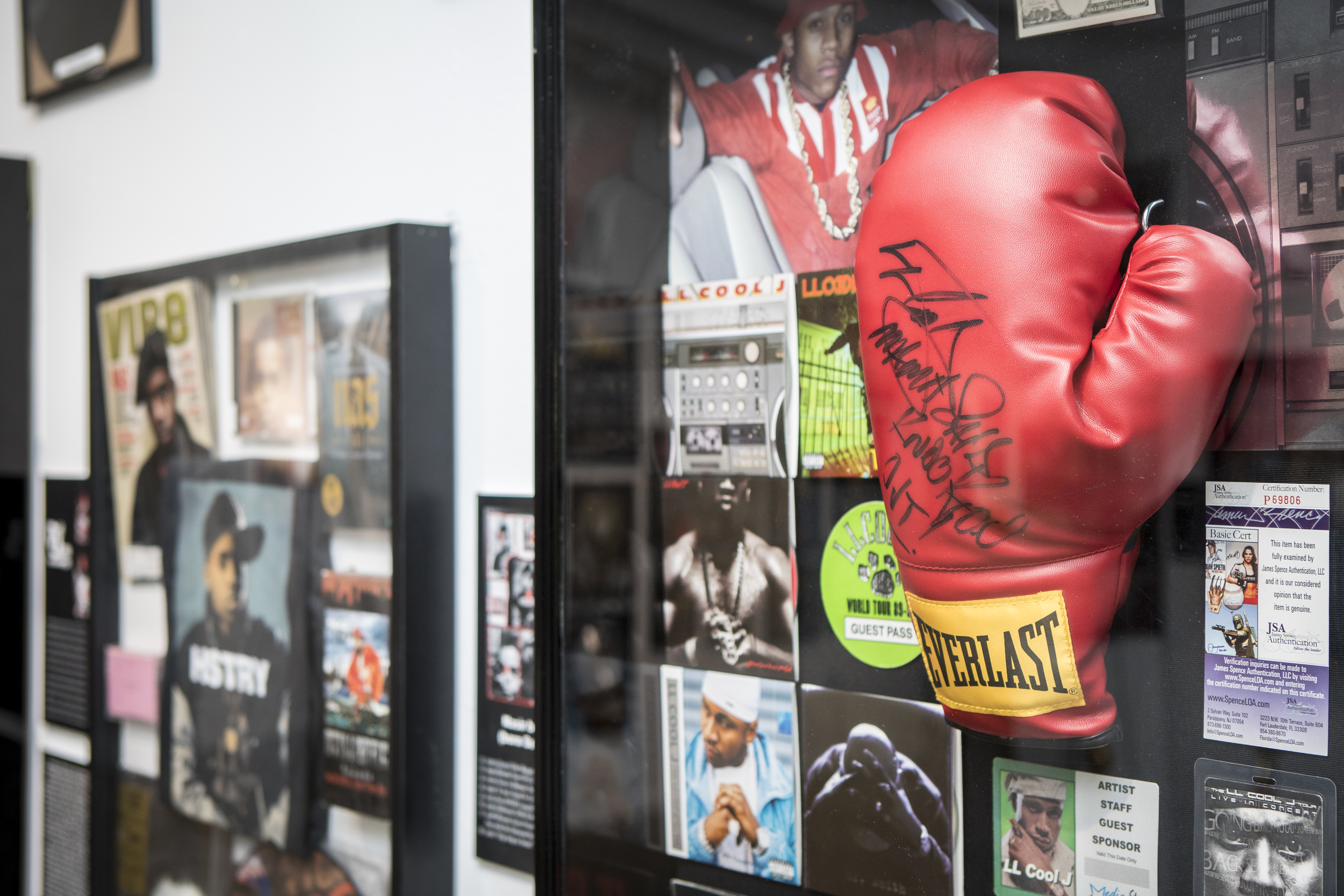 A boxing glove from LL Cool J with the inscription “Mama said knock you out.”