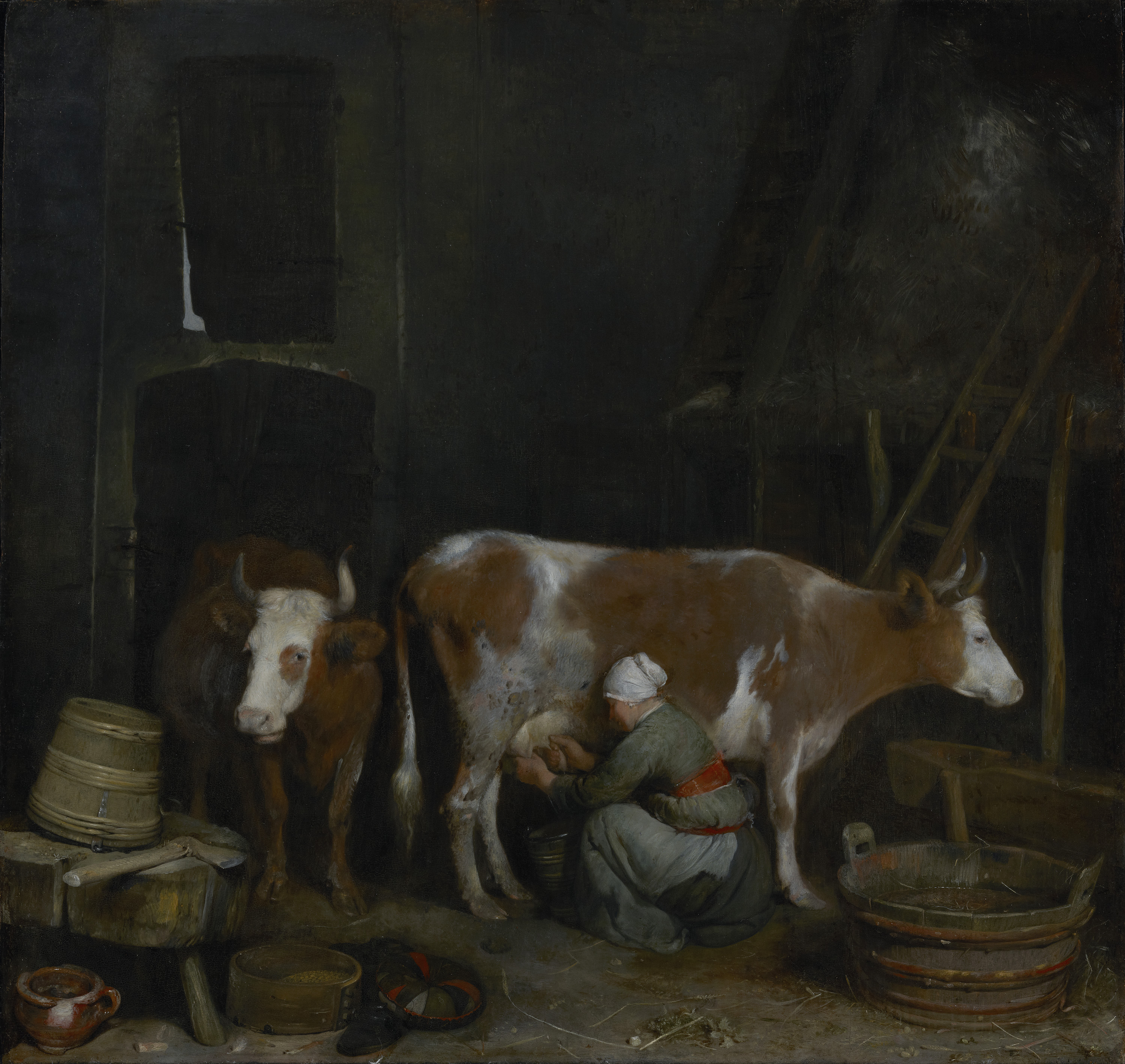 “A Maid Milking a Cow in a Barn”