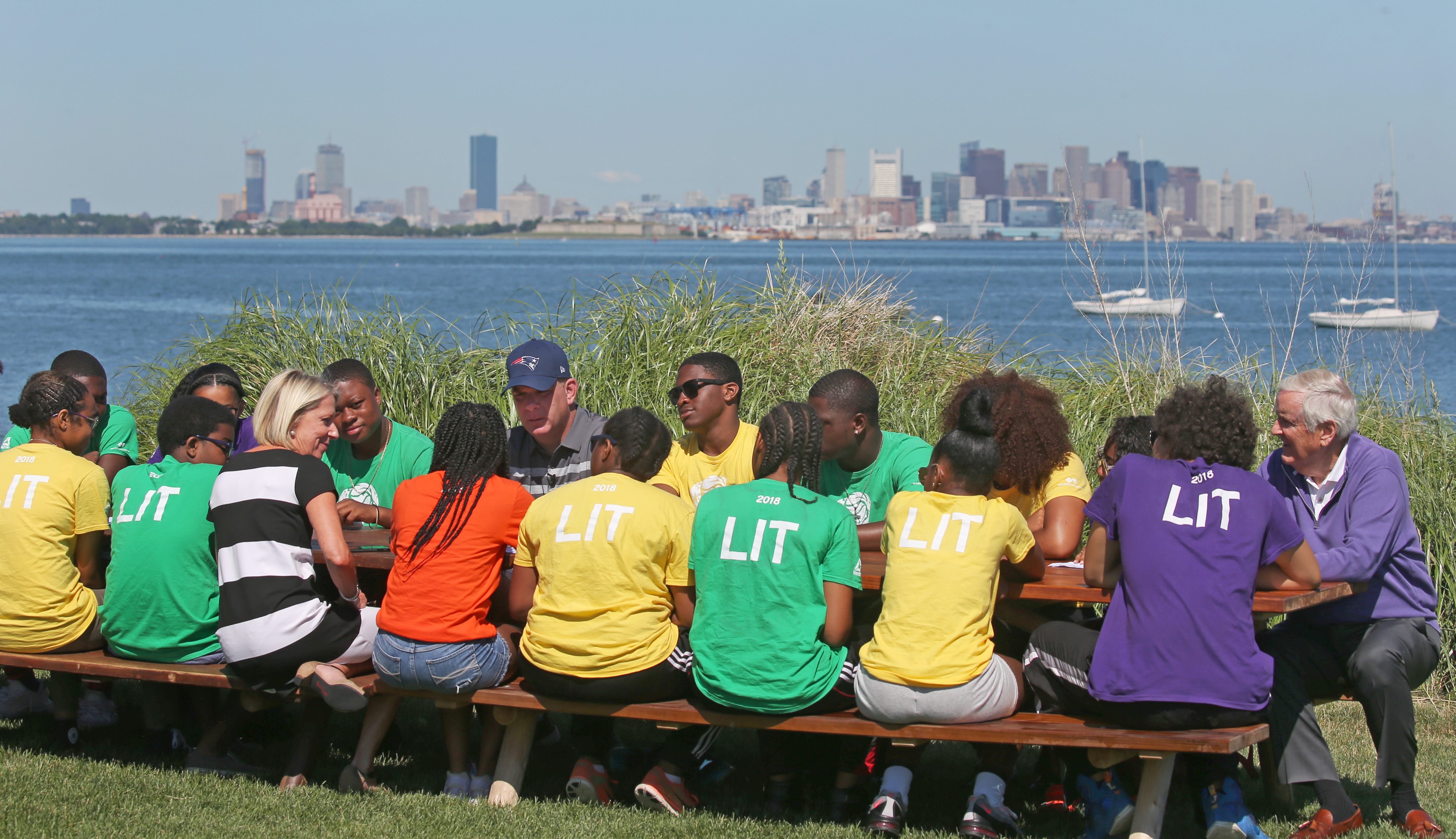 Mayor Marty J. Walsh (wearing cap) led a discussion Thursday with participants in Camp Harbor View’s leadership program.