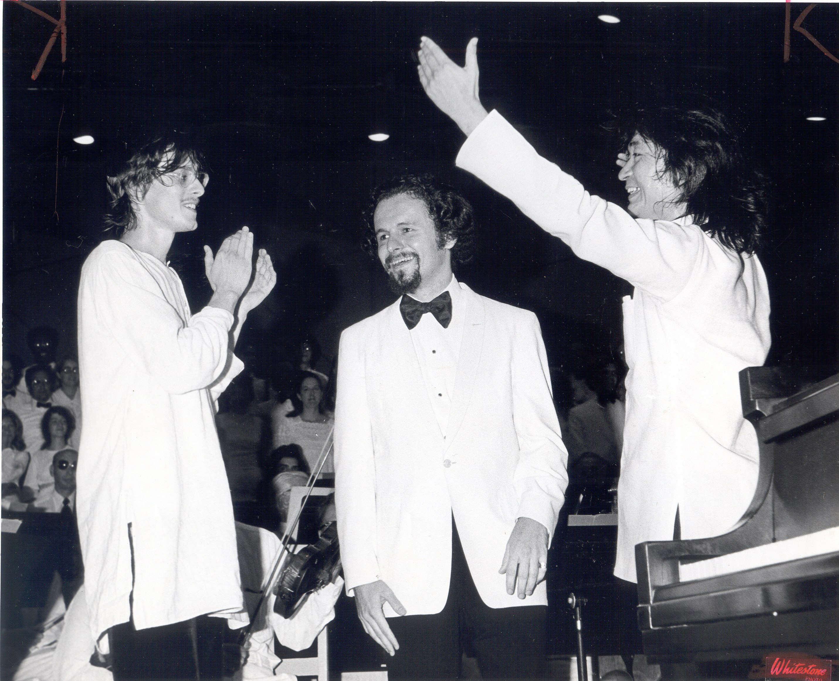 From left: Pianist Peter Serkin, chorus director John Oliver, and BSO music director Seiji Ozawa in 1972.