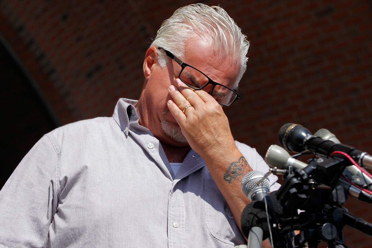 Steve Davis became emotional while speaking to reporters outside the courthouse after the jury found prosecuters had not proven Bulger guilty in the murder of his sister, Debra Davis.