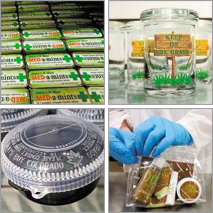 The medical marijuana business has spawned a variety of companies making products like drug-laced mints and containers. The bag at bottom right holds medicated drinks, balms, and salves.