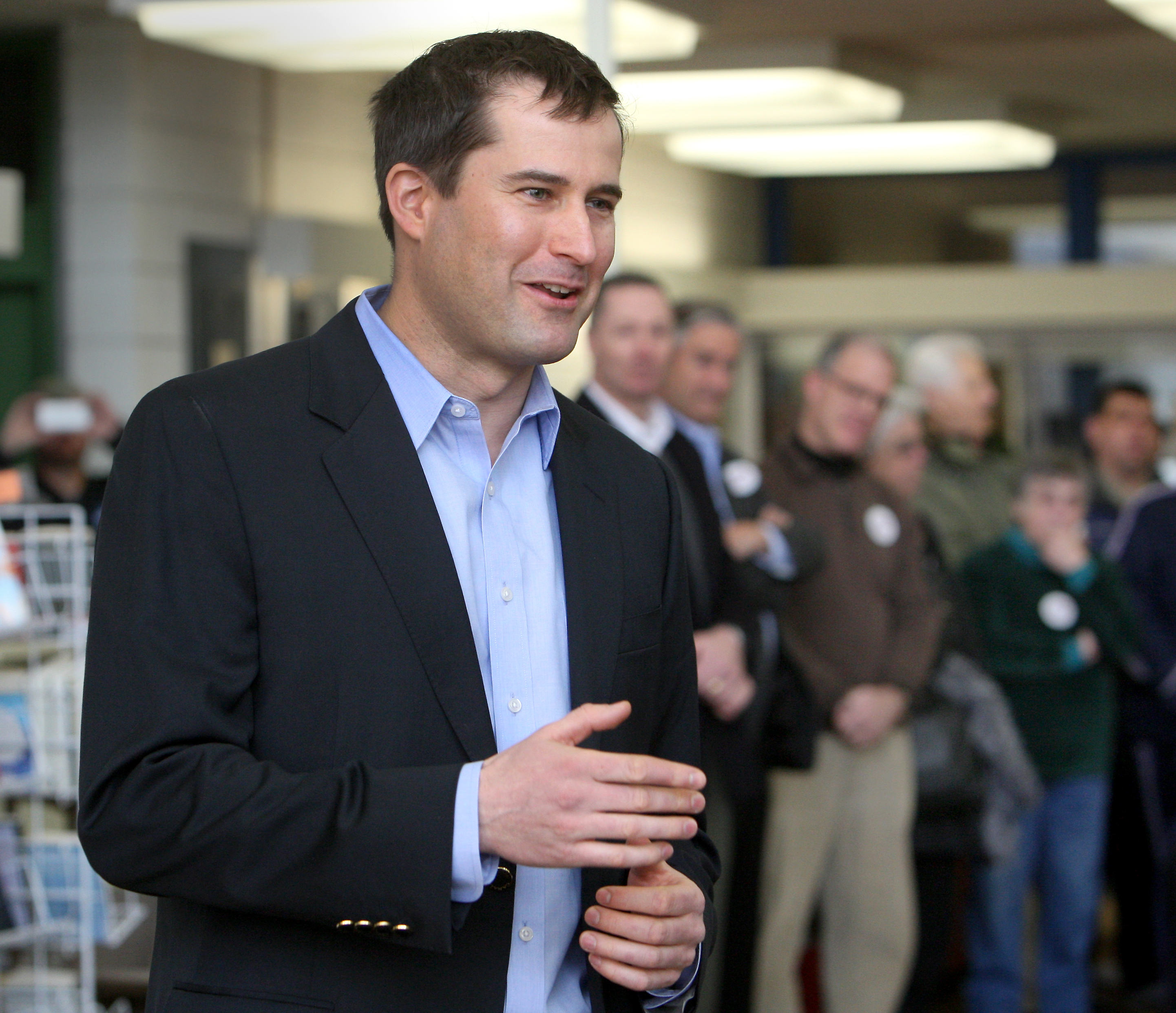 Congressional candidate Seth Moulton attends a Democratic caucus at Salem High School in March.