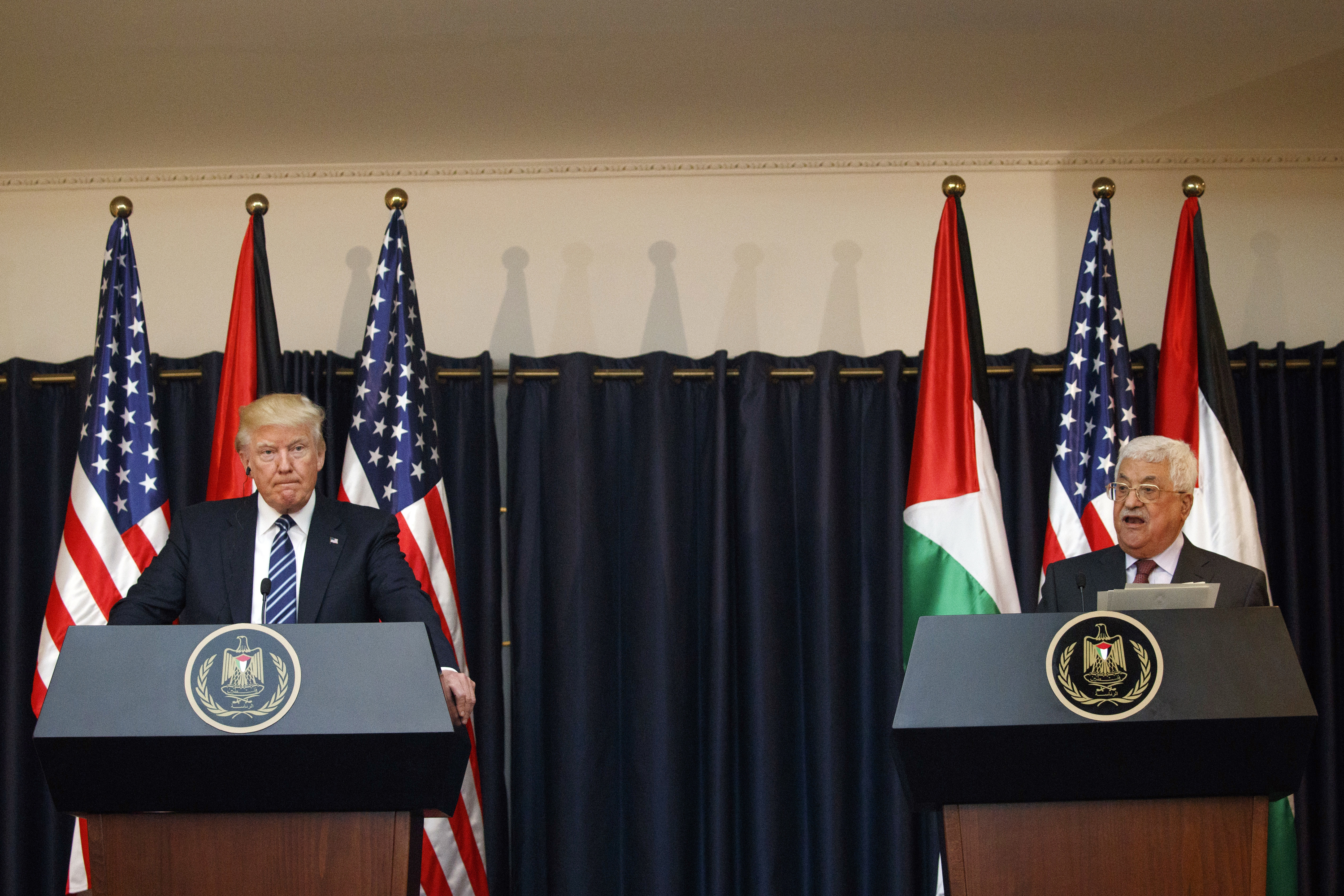 President Donald Trump was as stern as can be as he listened to Palestinian President Mahmoud Abbas speak on May 23.