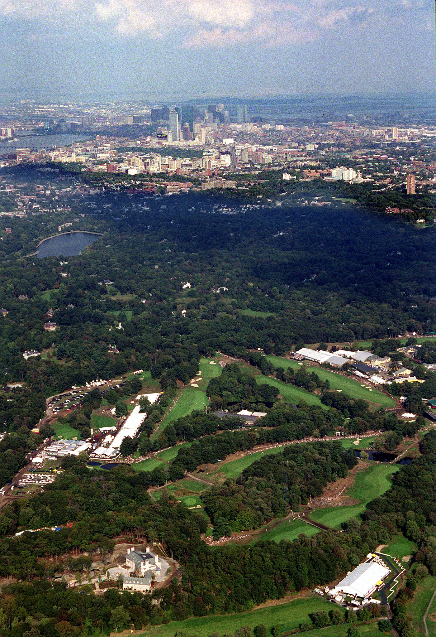 The Country Club in Brookline (below) with Boston in background during Ryder Cup play in 1999.