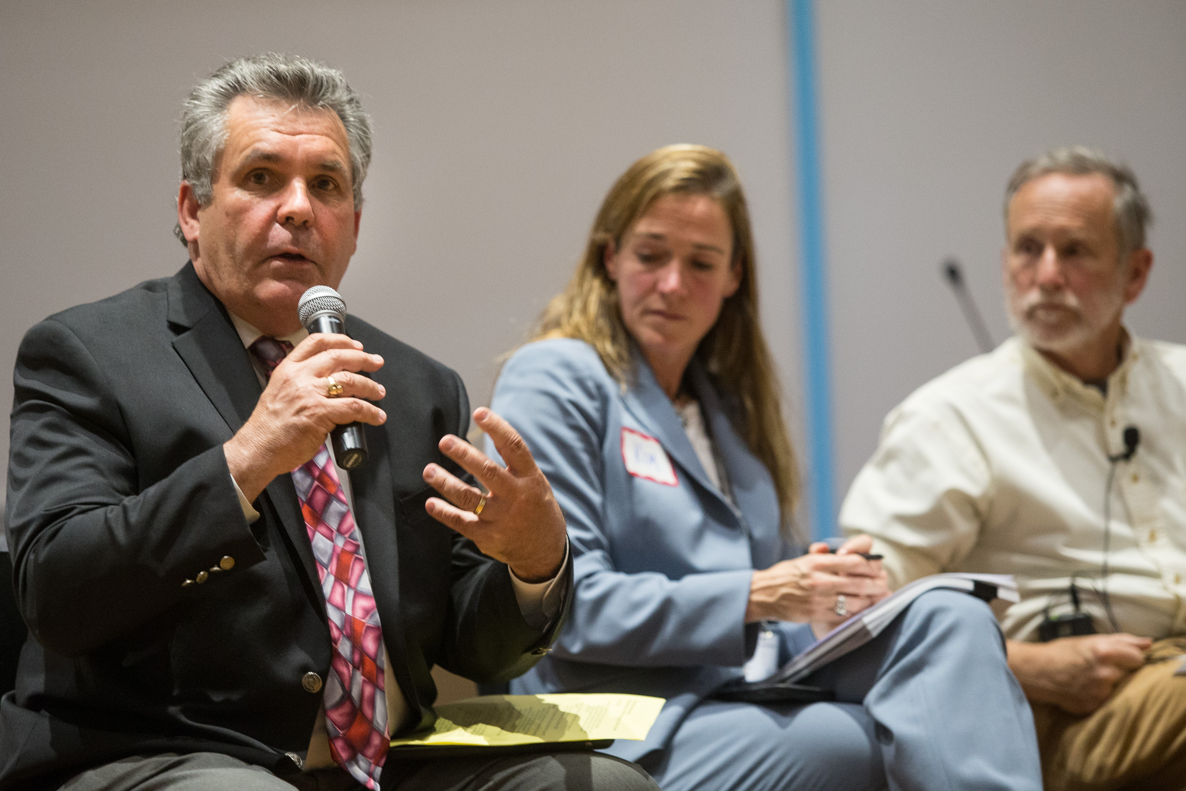 Speaking at Monday’s meeting on school water safety were John Sullivan (above left), chief engineer for the Boston Public Schools; Kim Rice, assistant superintendent of operations; and Dr. Sean Palfrey, a professor of pediatrics and public health.