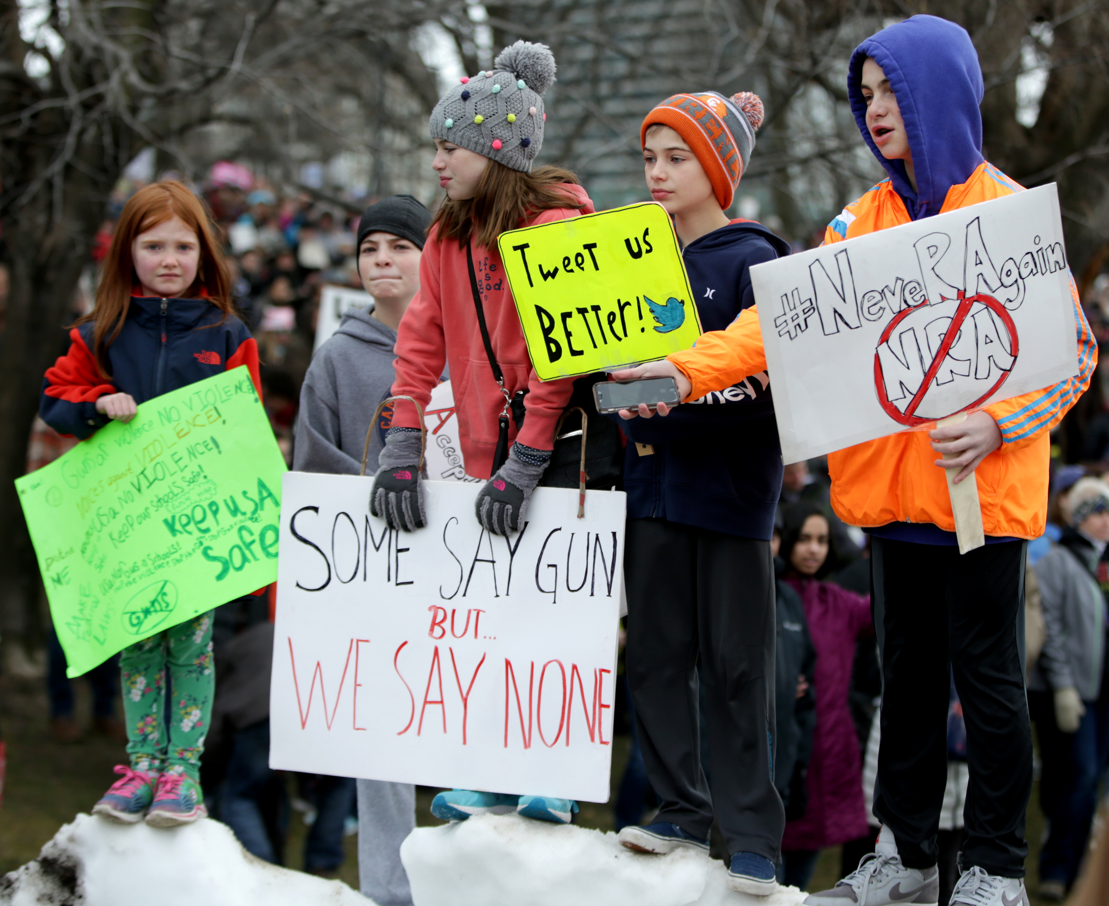 Charlotte Diana, Sam Newman, Rachel Newman, Ben Newman, and Luke Andrews participate in the March for Our Lives on Boston Common last March.