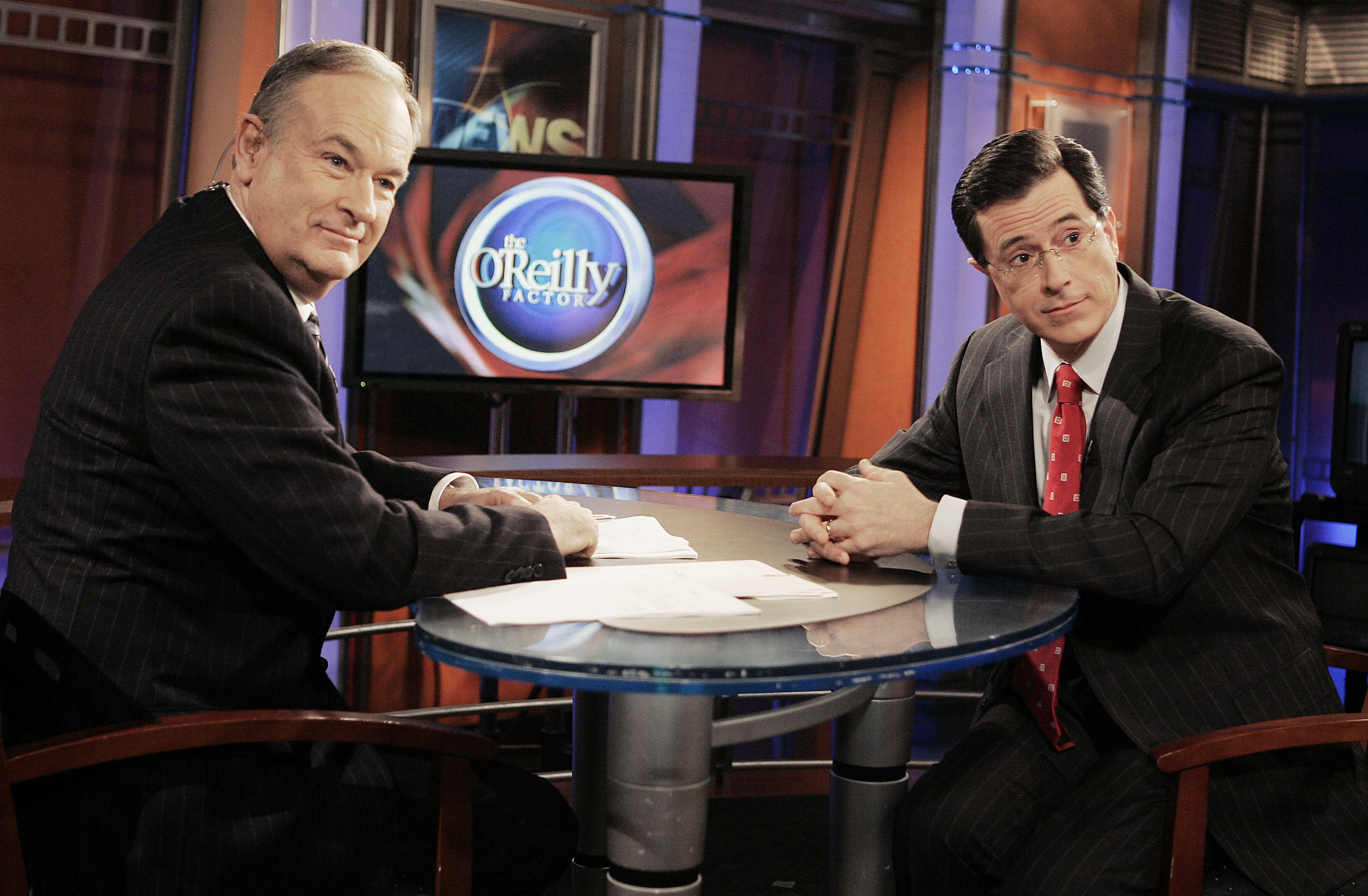 Stephen Colbert with Bill O’Reilly, or “Papa Bear,’’ as Colbert calls him with mock reverence.
