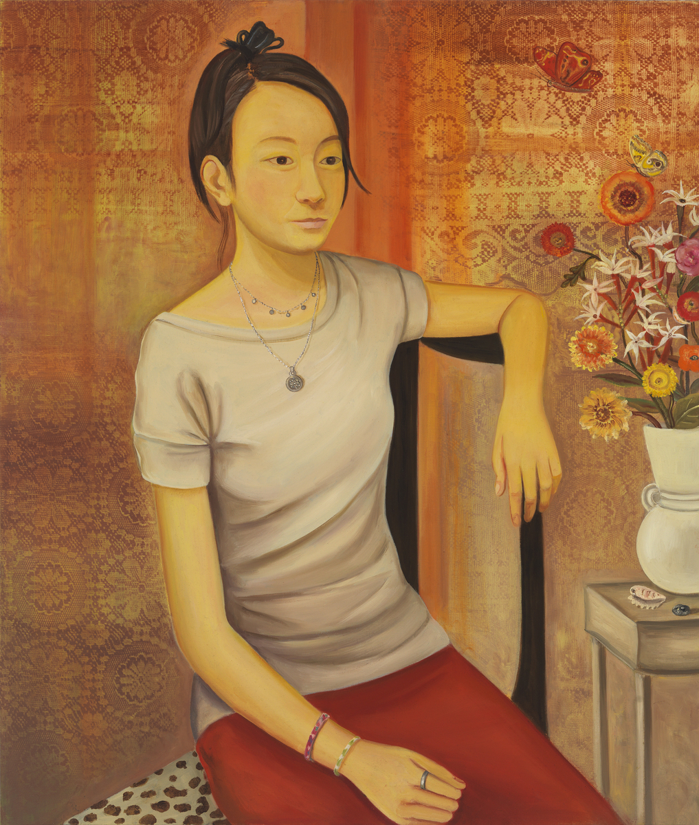 “Portrait of a Girl With Lace Curtain and Butterflies,’’ oil on linen, by Jane Smaldone.