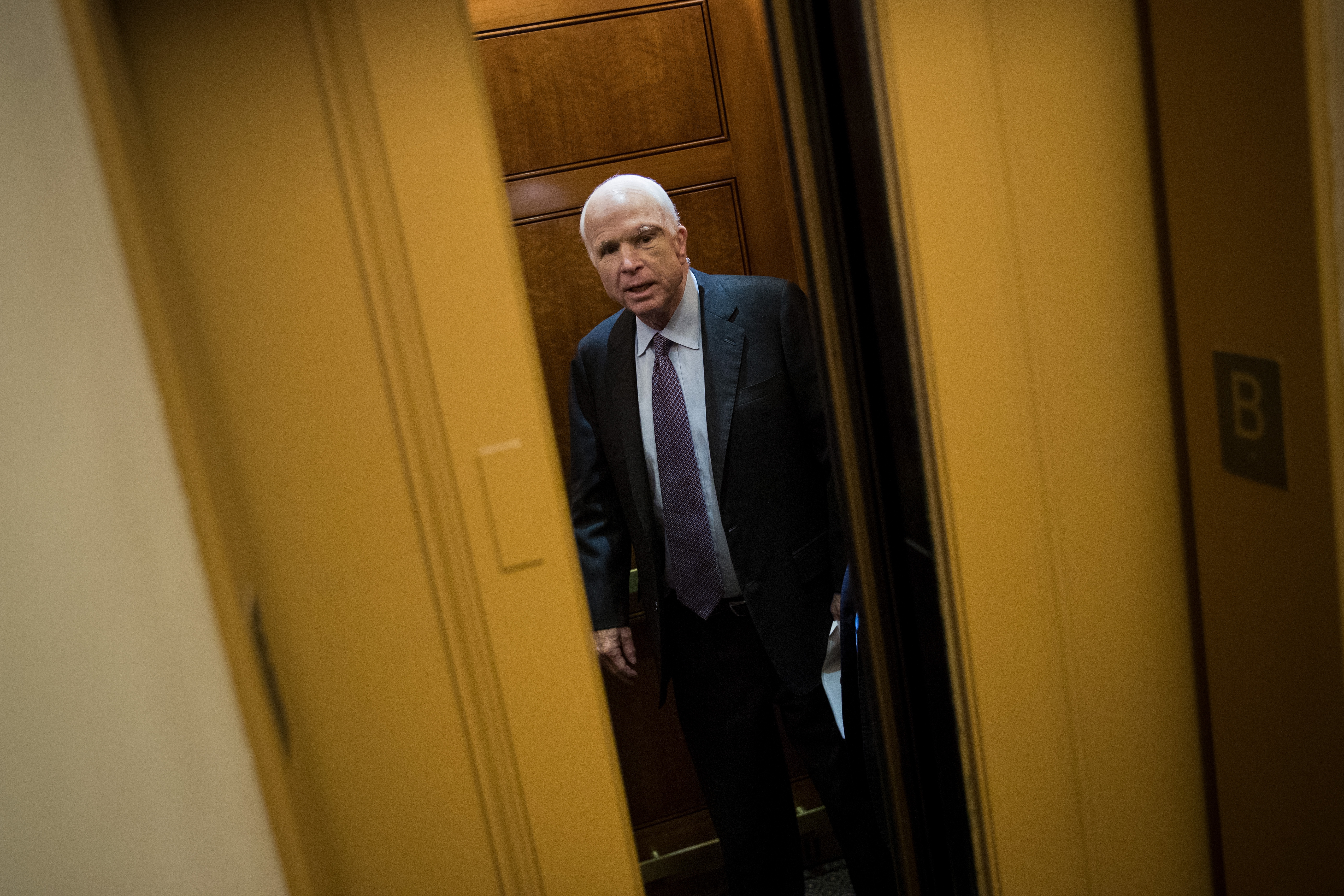 Senator John McCain got into an elevator on his way to an amendment vote on the GOP heath care legislation.
