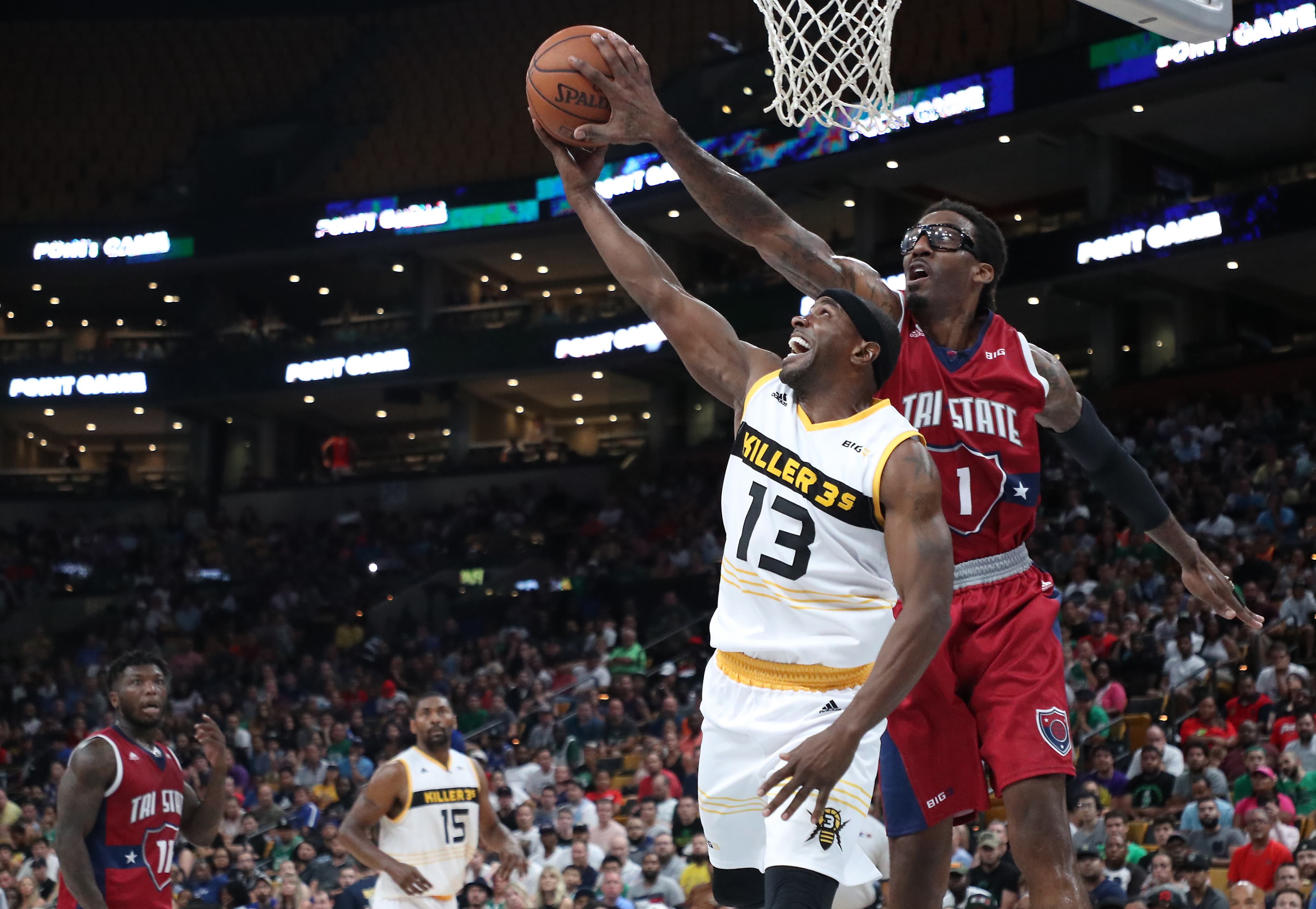 Amar'e Stoudemire is called for a foul as he blocks Stephen Jackson during their Big3 game at TD Garden.