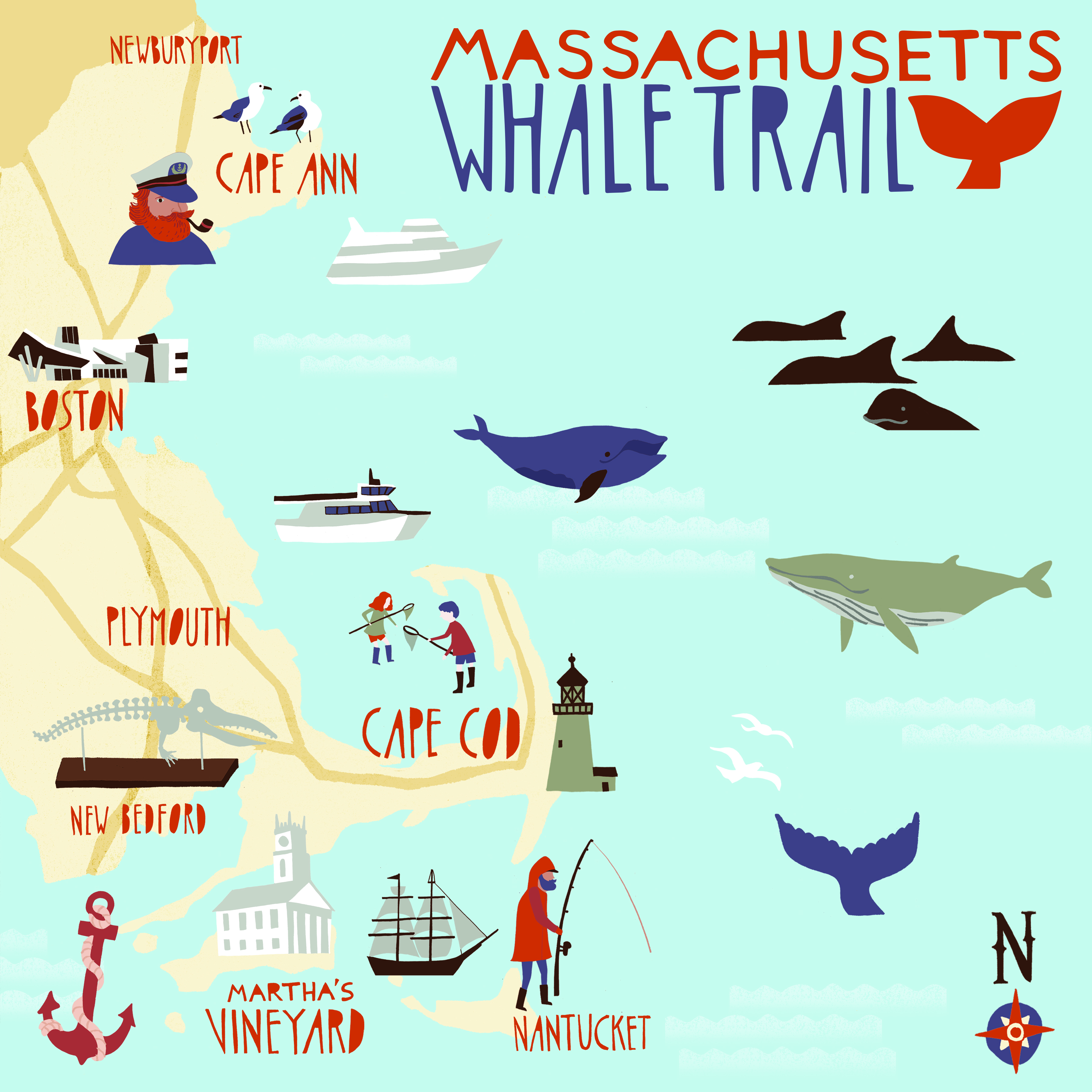 Illustration for the new Massachusetts Whale Trail map.