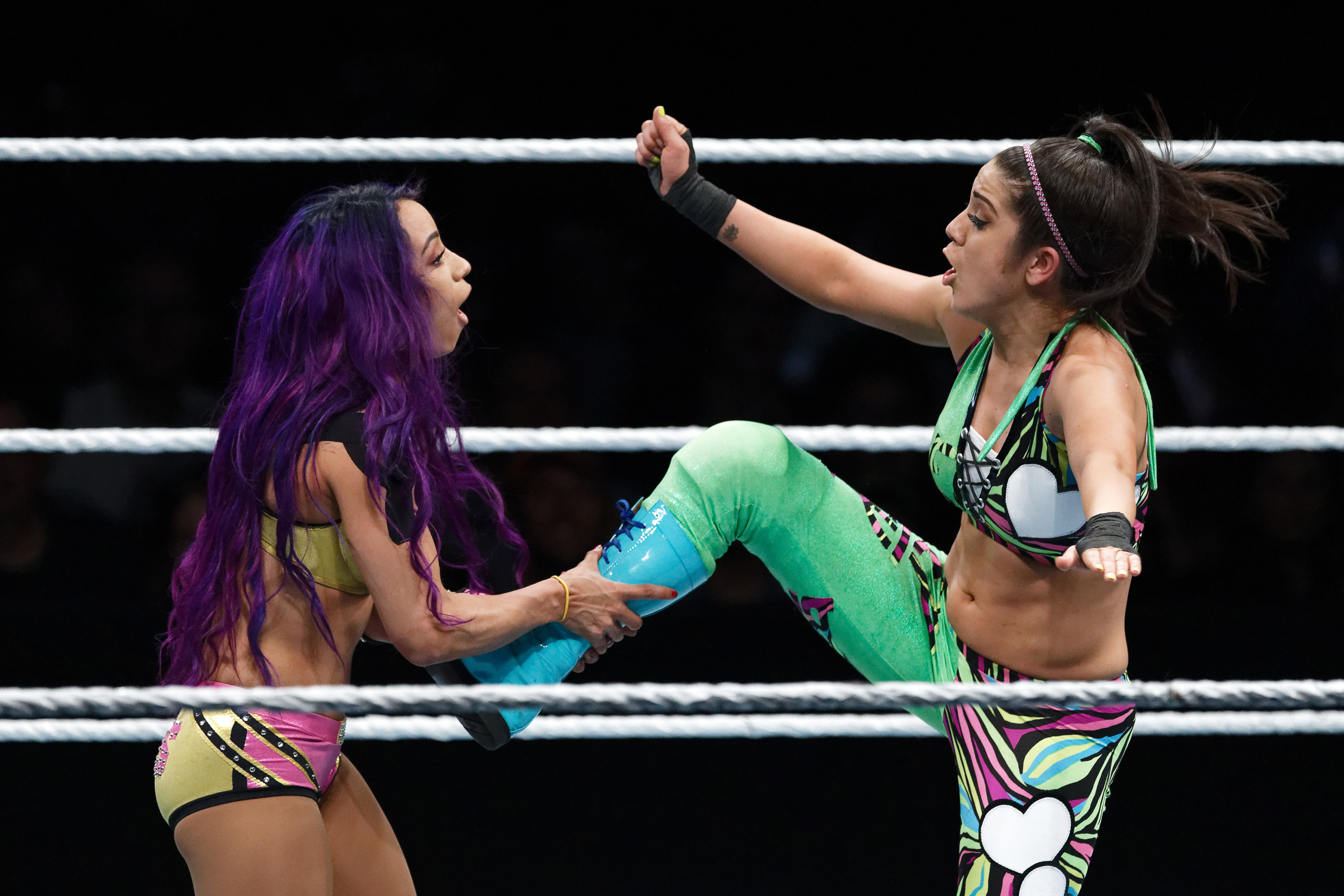 Sasha Banks (left) in action against Bayley during WWE Live AccorHotels Arena Popb Paris Bercy in Paris, France. (Sylvain Lefevre/Getty Images)
