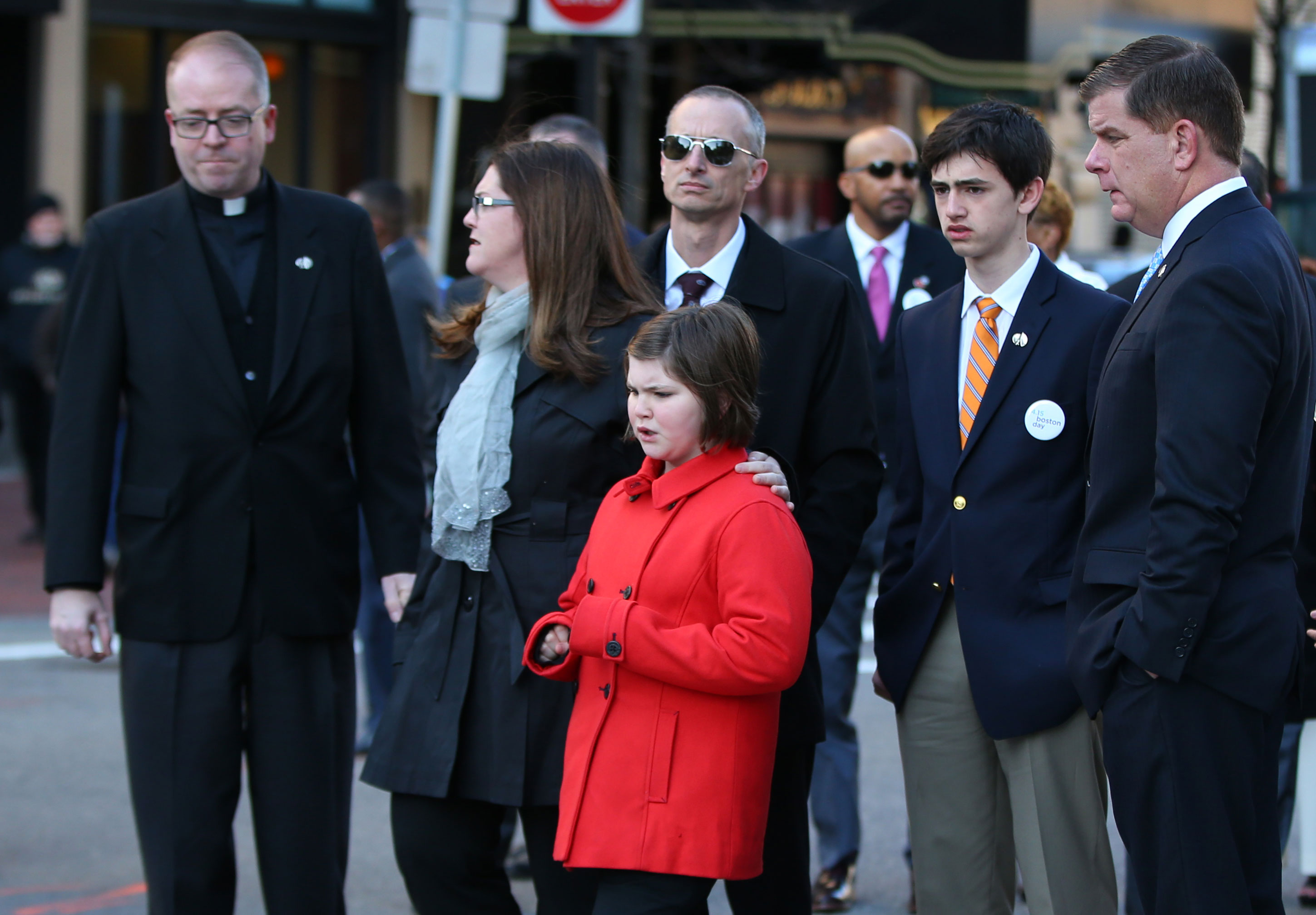 The family of Martin Richard, the youngest victim of the 2013 Boston Marathon bombings, attended a wreath-laying ceremony Friday with Mayor Martin Walsh (right).