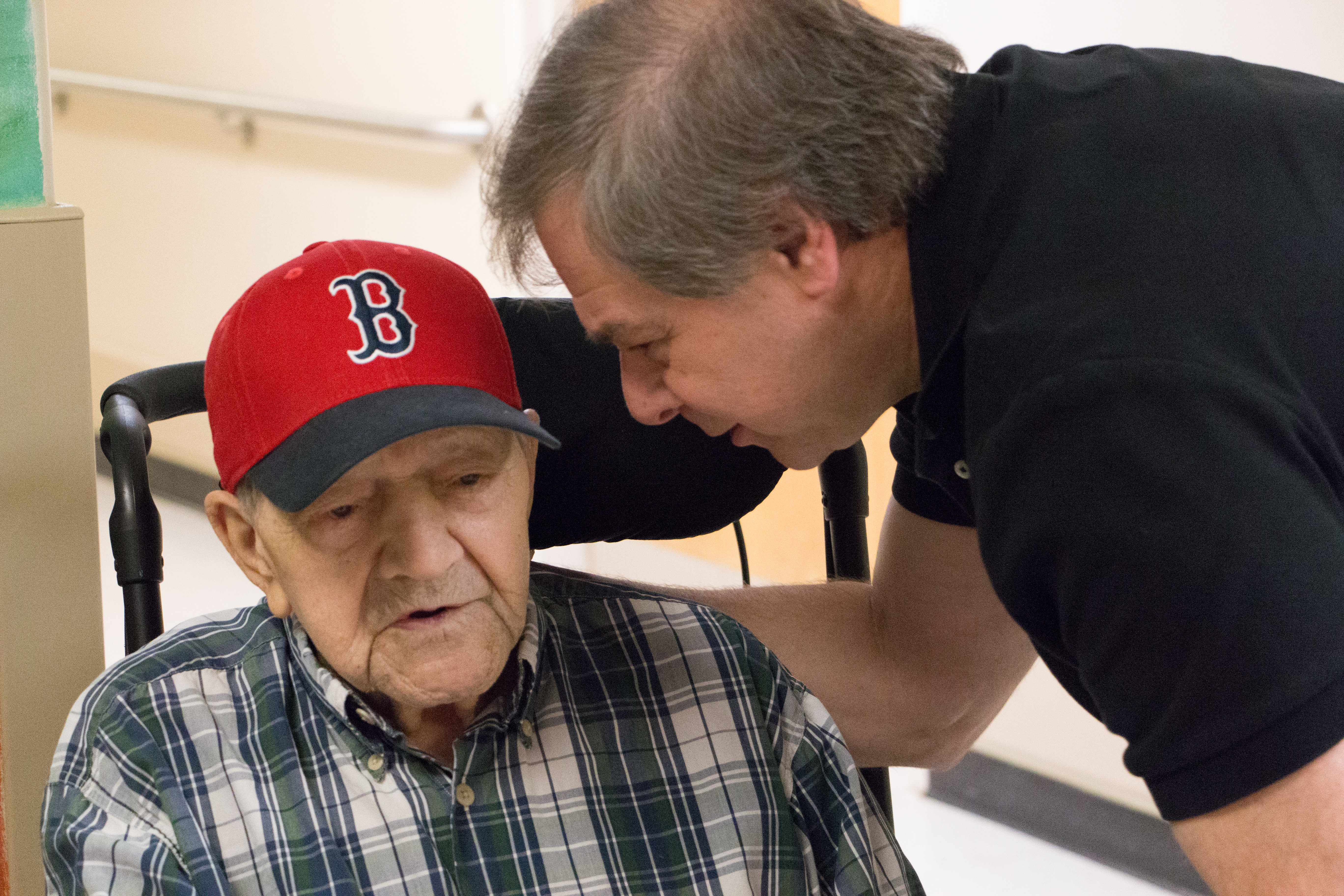 Nick Bonanno with his father, Russ, 94, at the Bedford VA. Nick said he was upset that an aide was let go after she reported rough treatment of his father. “She made a real effort to engage the vets,’’ he said.