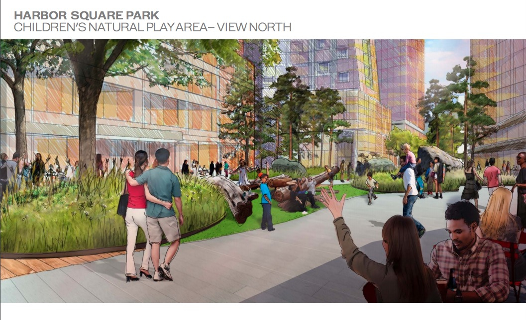 An architectural rendering shows how the developer envisions some of the public space at Seaport Square.