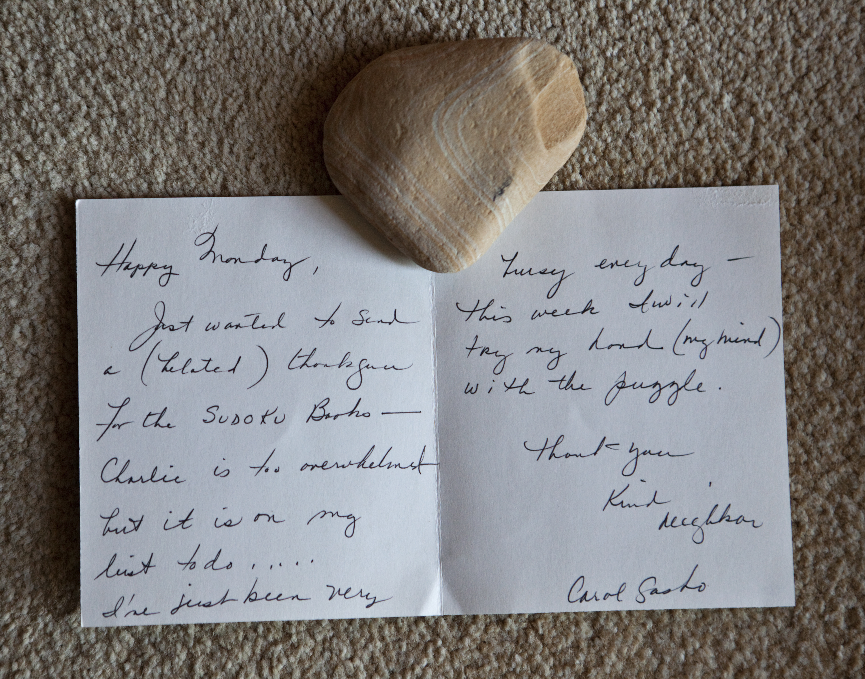 PERSONAL CORRESPONDENCE Greig wrote Catalina Schlank, a first-floor tenant, many thank you notes and greeting cards, usually addressed to ‘‘kind neighbor.’’