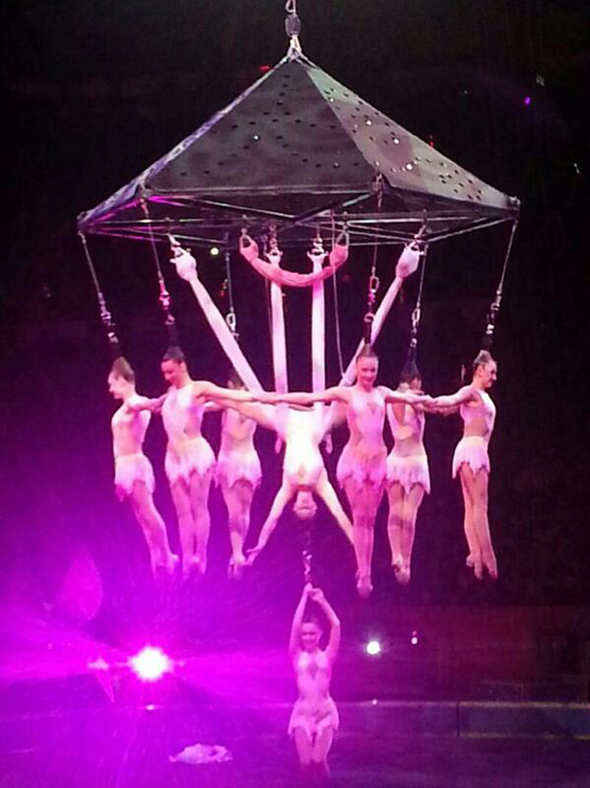 Performers hung during an aerial hair-hanging stunt at the Ringling Brothers and Barnum and Bailey Circus in Providence, Rhode Island. Two days later, the same stunt would end in disaster when hardware failed, leading to a 20-foot fall for the performers.