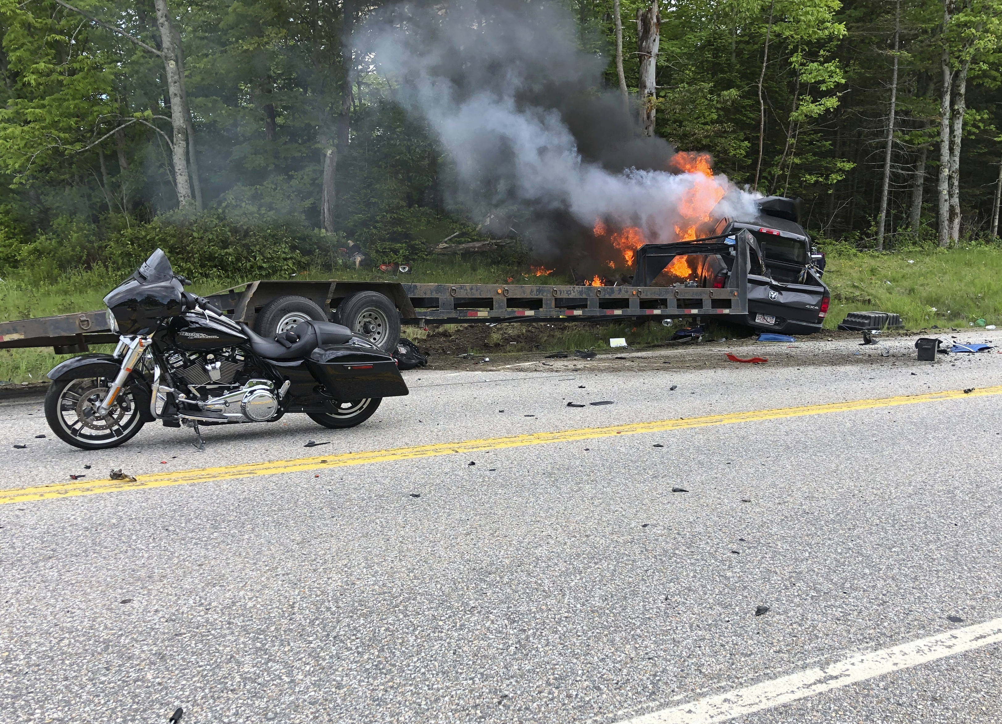 The scene where several motorcycles and a pickup truck collided on a rural, two-lane highway on Friday Randolph, N.H.
