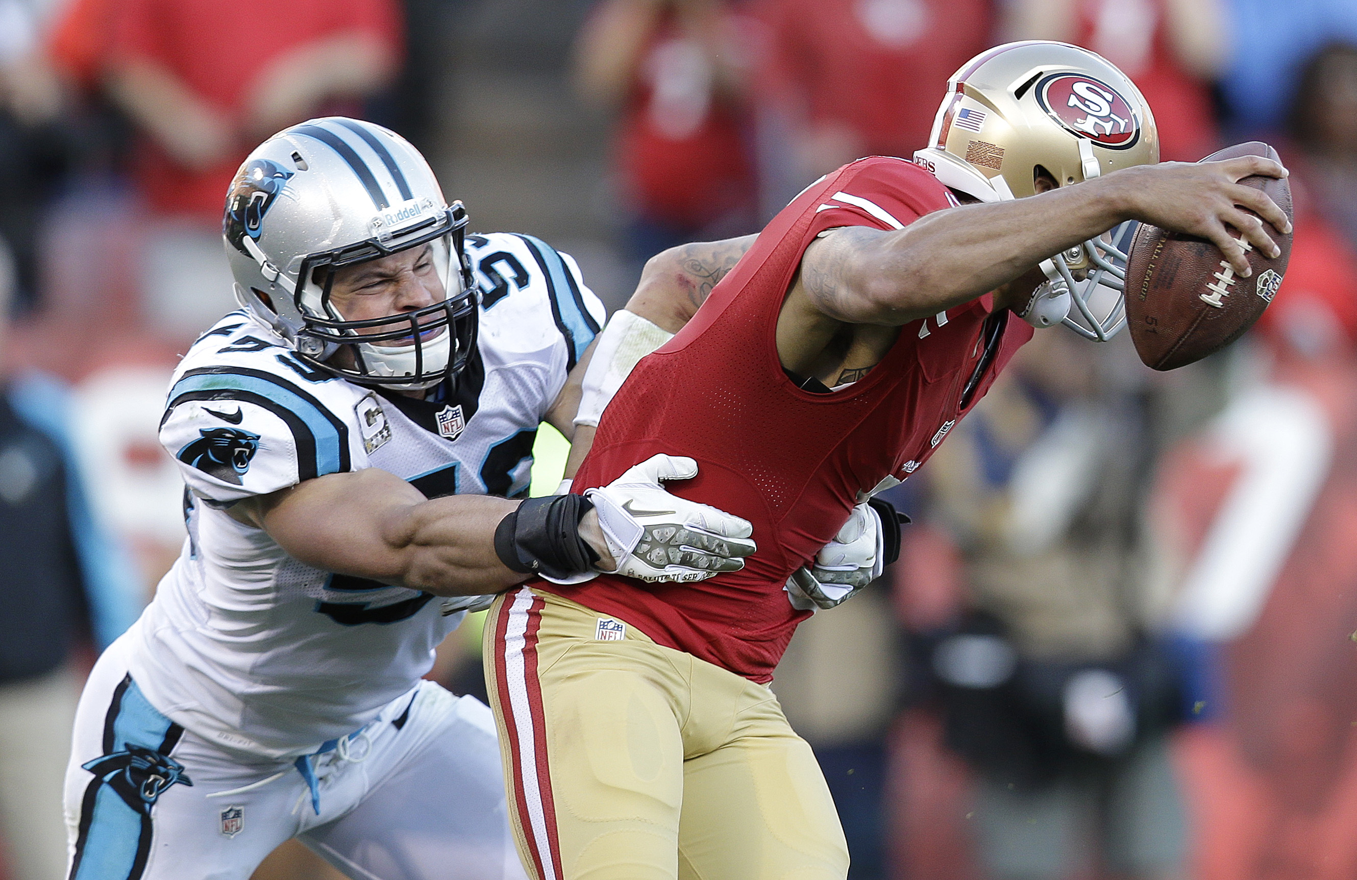When tackling machine Luke Kuechly gets his hands on you, it’s all over.