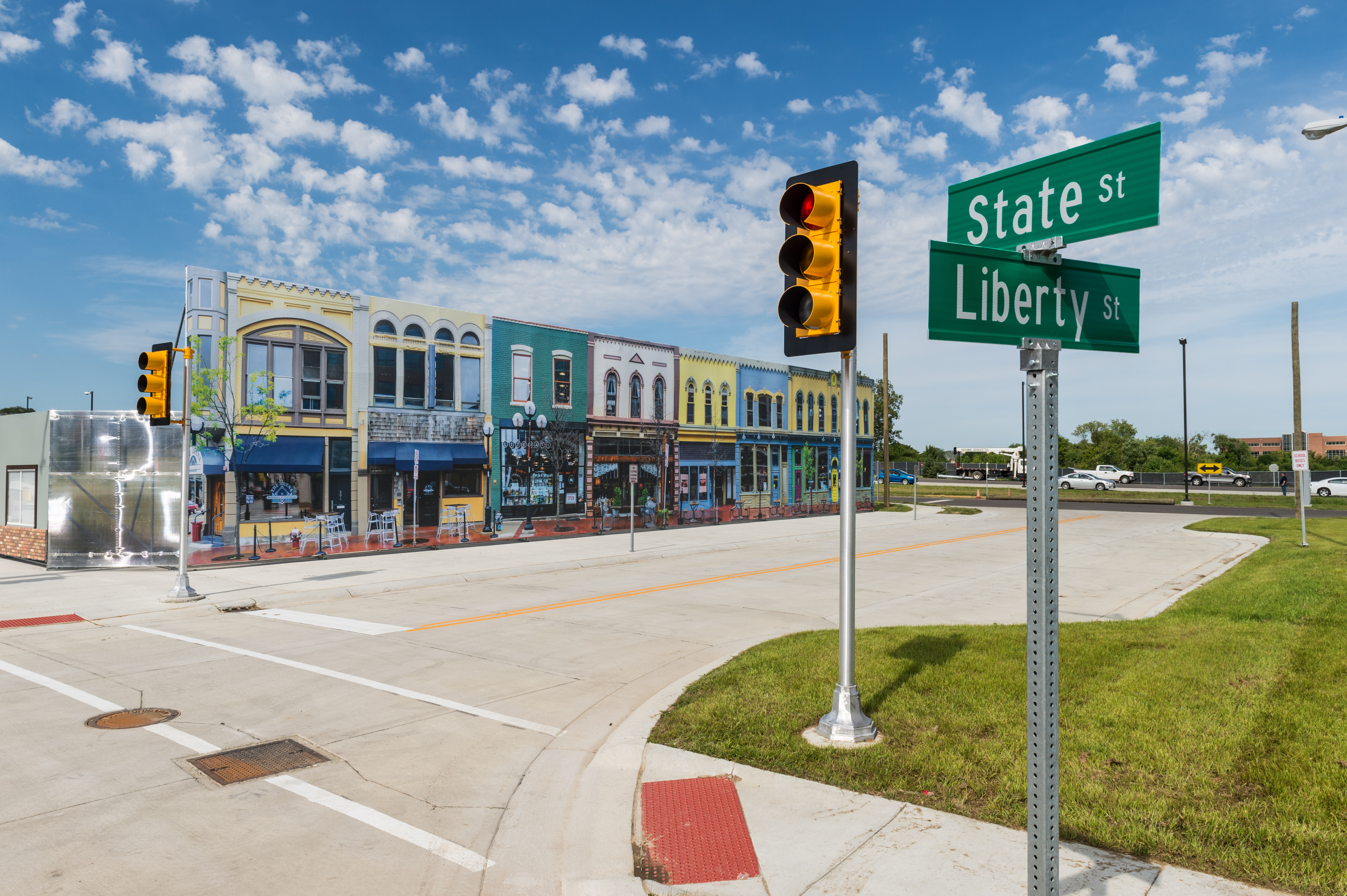 The Mcity Test Facility at the University of Michigan is designed to test new automotive technologies in a simulated town.