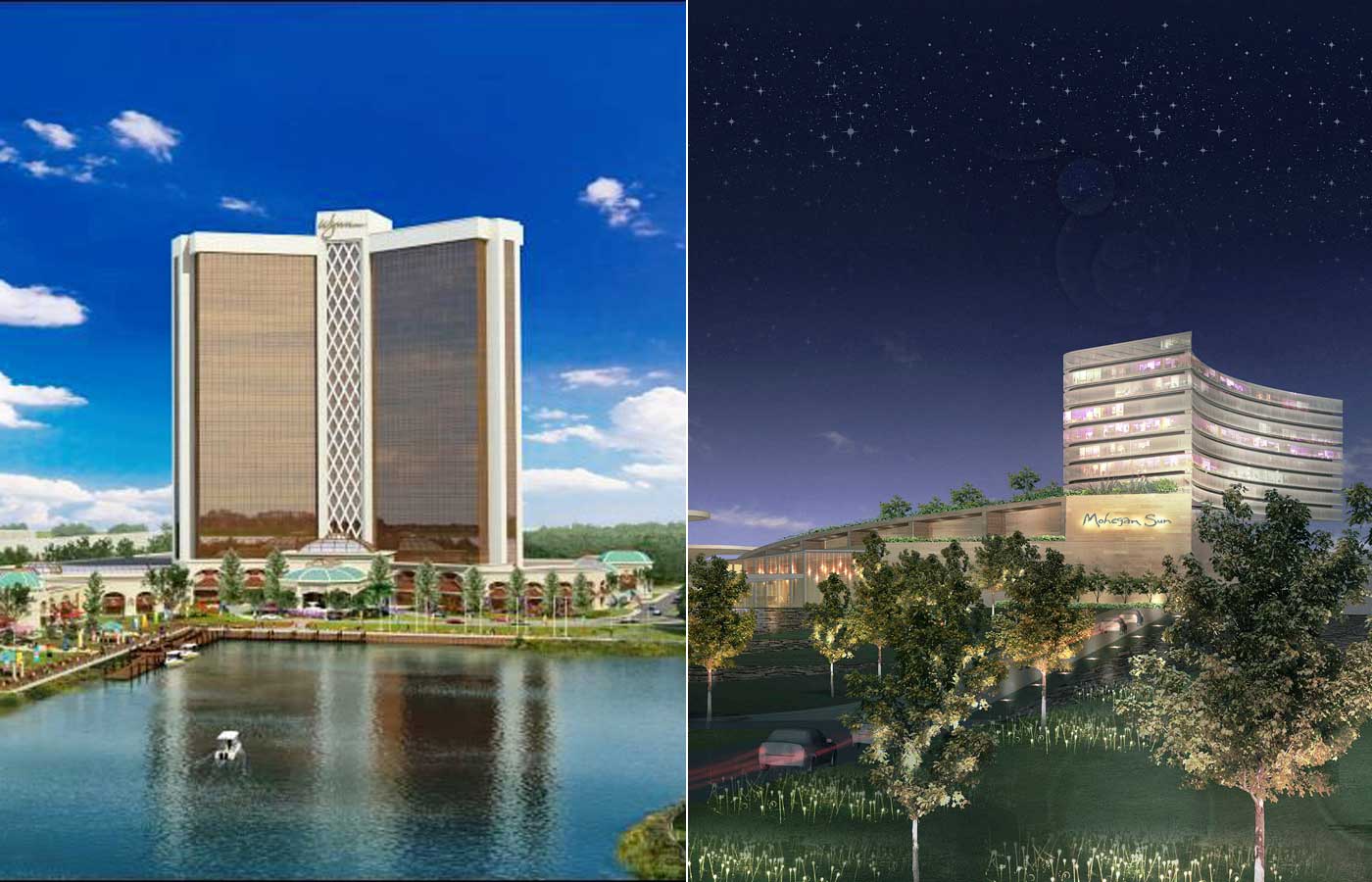 The Wynn Resort casino, at left, would be in Everett. The Mohegan Sun facility, at right, is proposed for Revere.