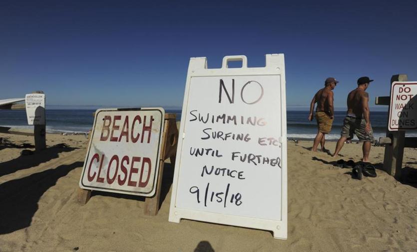 Signs at the top of the dune at Newcomb Hollow Beach alerted visitors that the beach was closed to swimming Saturday.