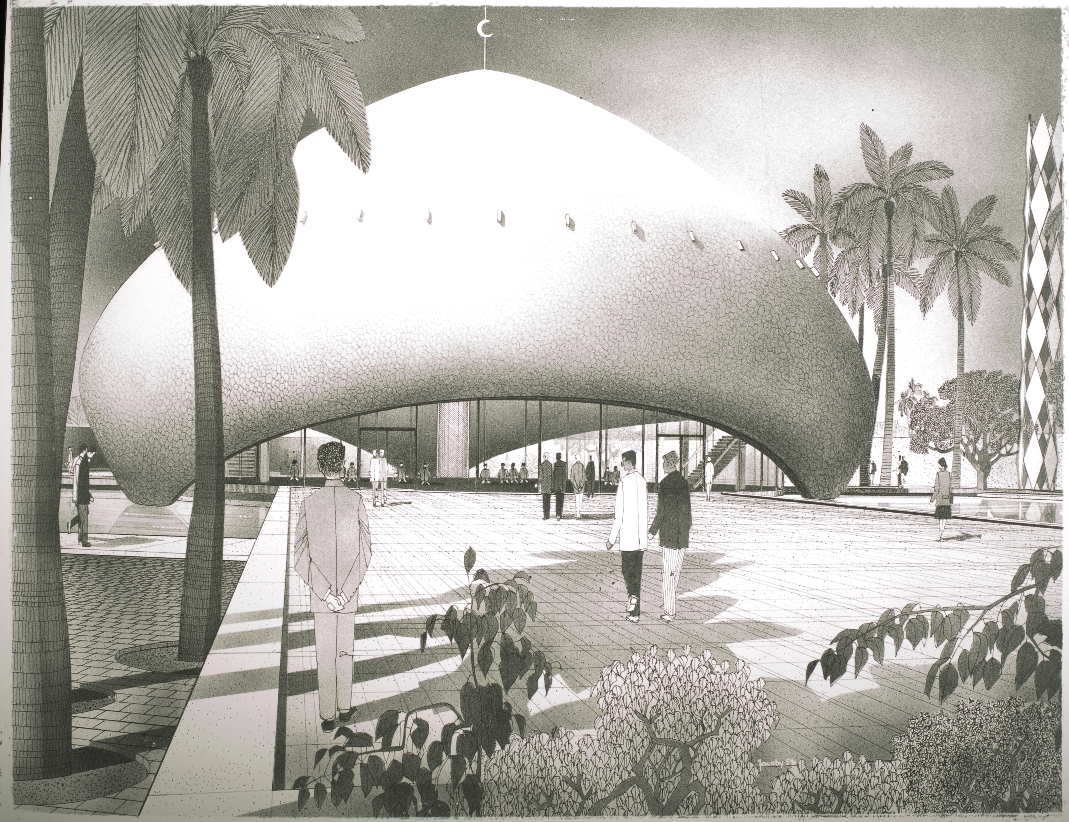 A rendering of a futuristic mushroom-shaped mosque.