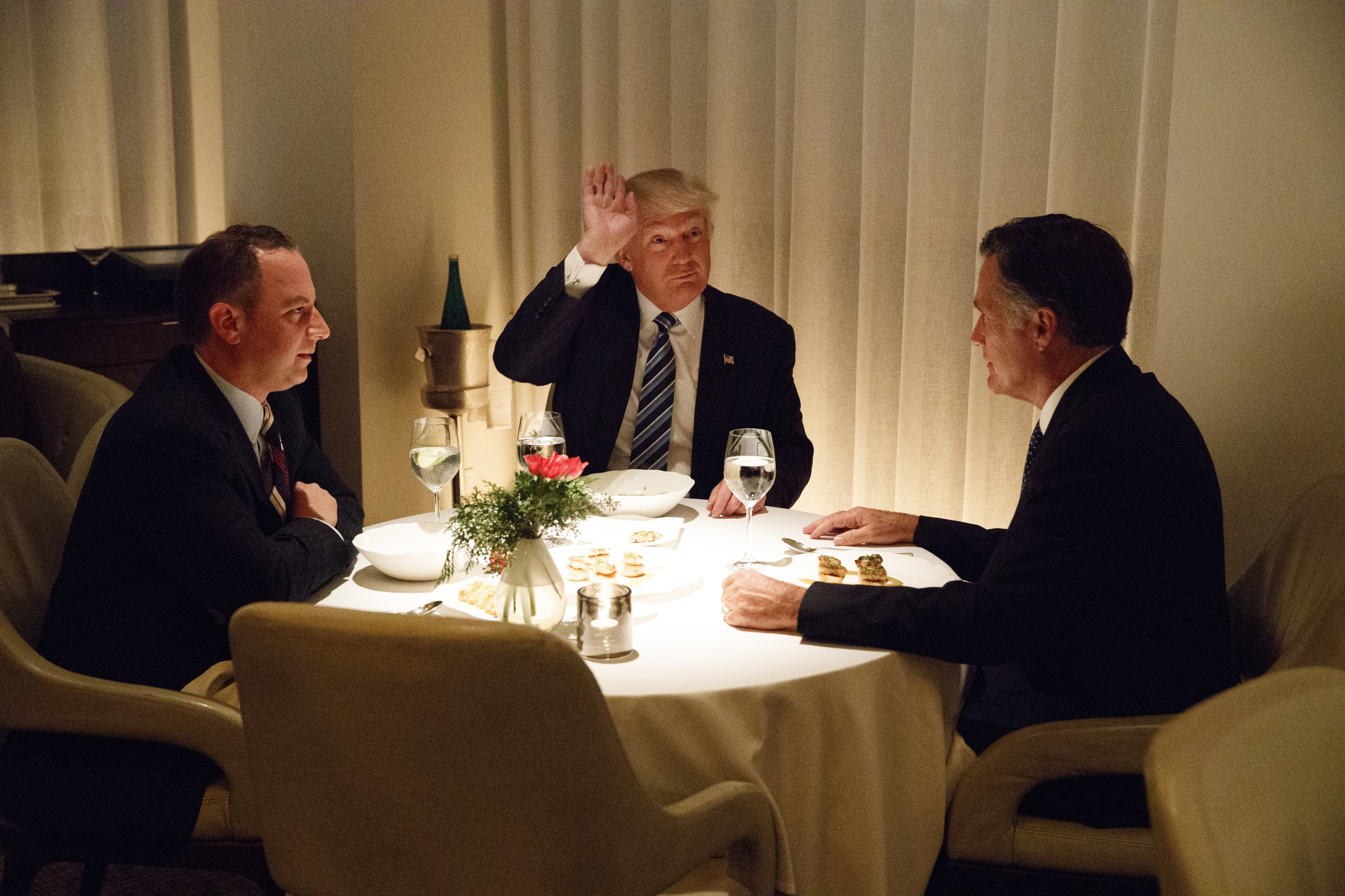 From left: Reince Priebus, President-elect Donald Trump, and Romney at last week’s dinner.