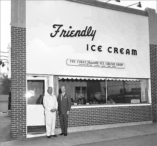 Friendly’s founders the Blake Brothers at the site of their first ice cream parlor.