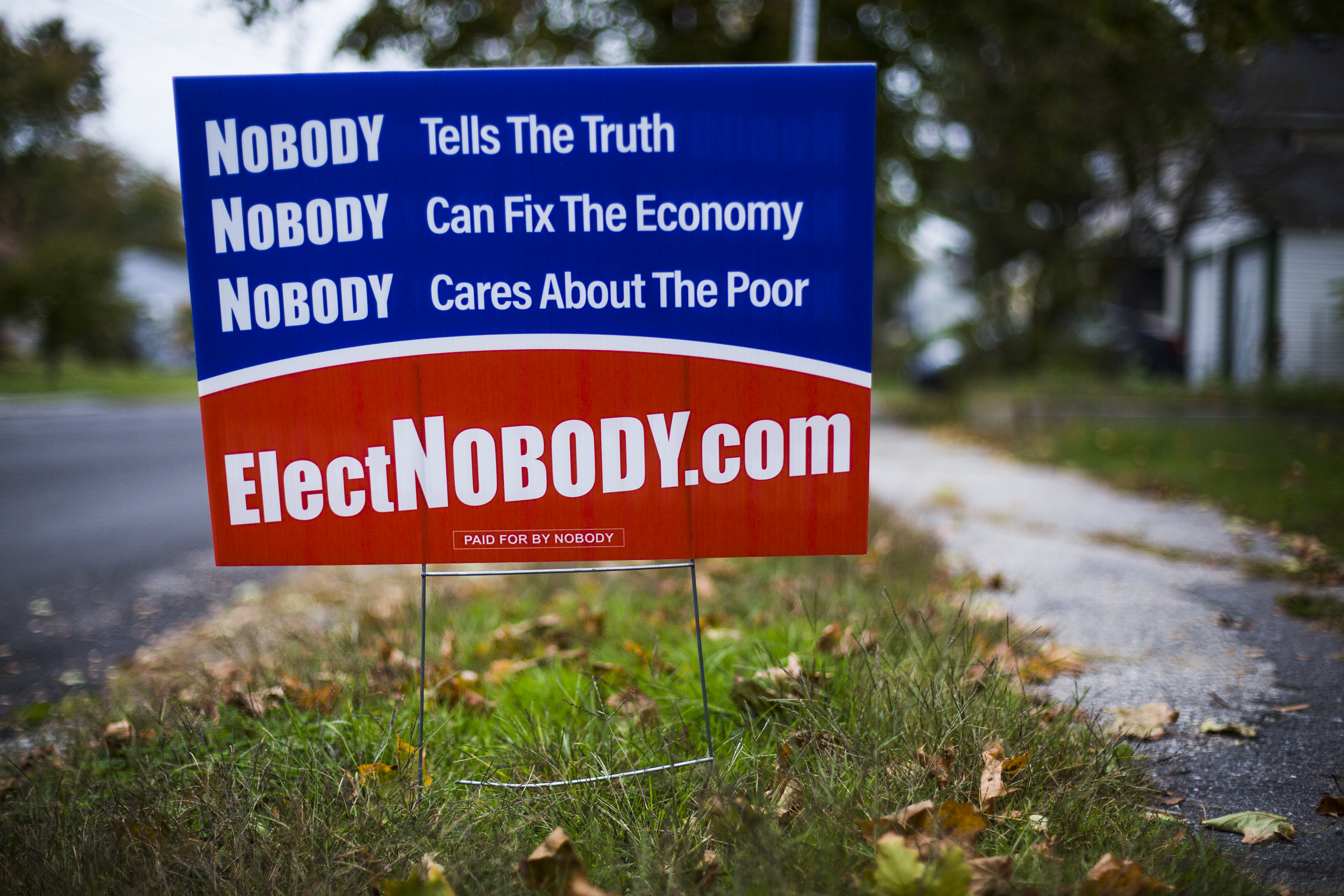 A campaign sign for Nobody, formerly known as Rich Paul, in the yard outside of his home in Keene, N.H.