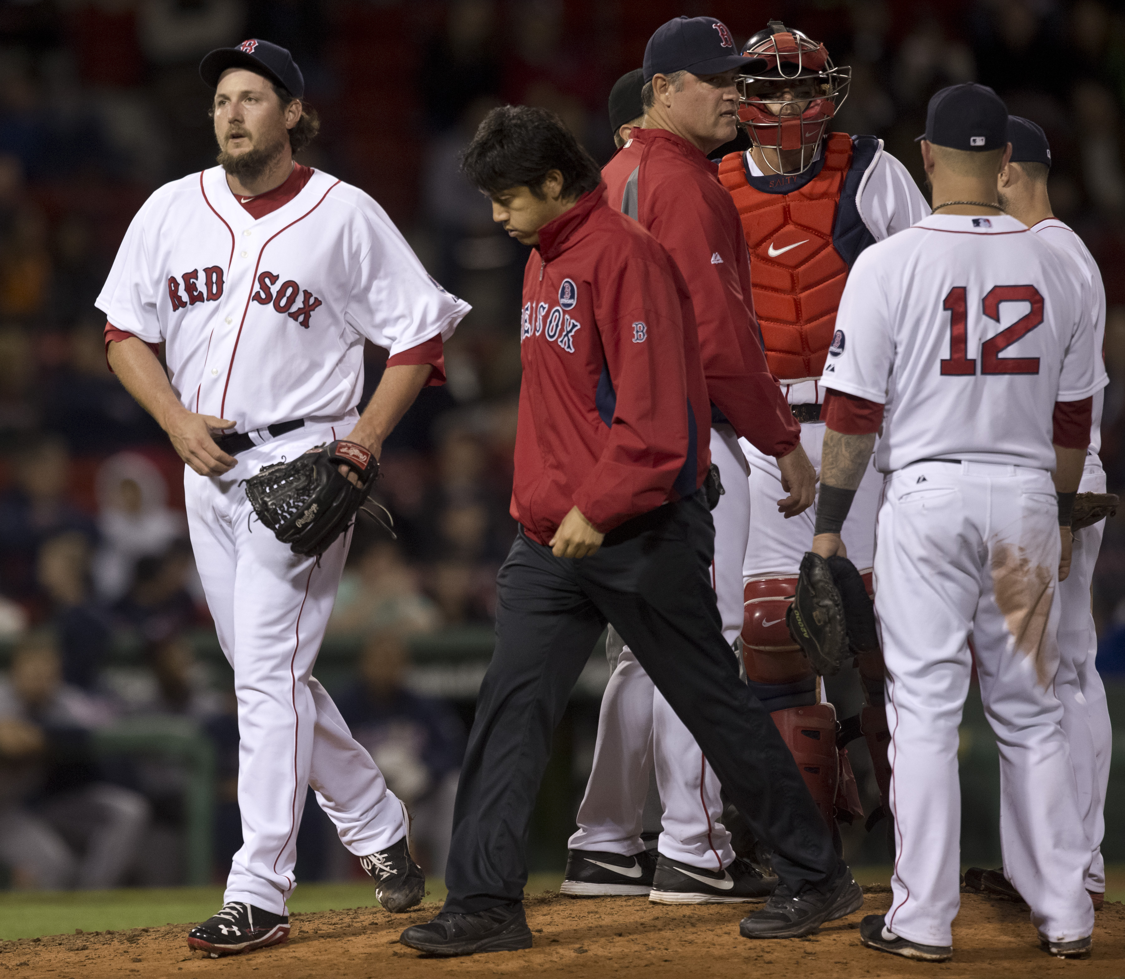 Joel Hanrahan left because of forearm tightness shortly after blowing a save in the ninth.