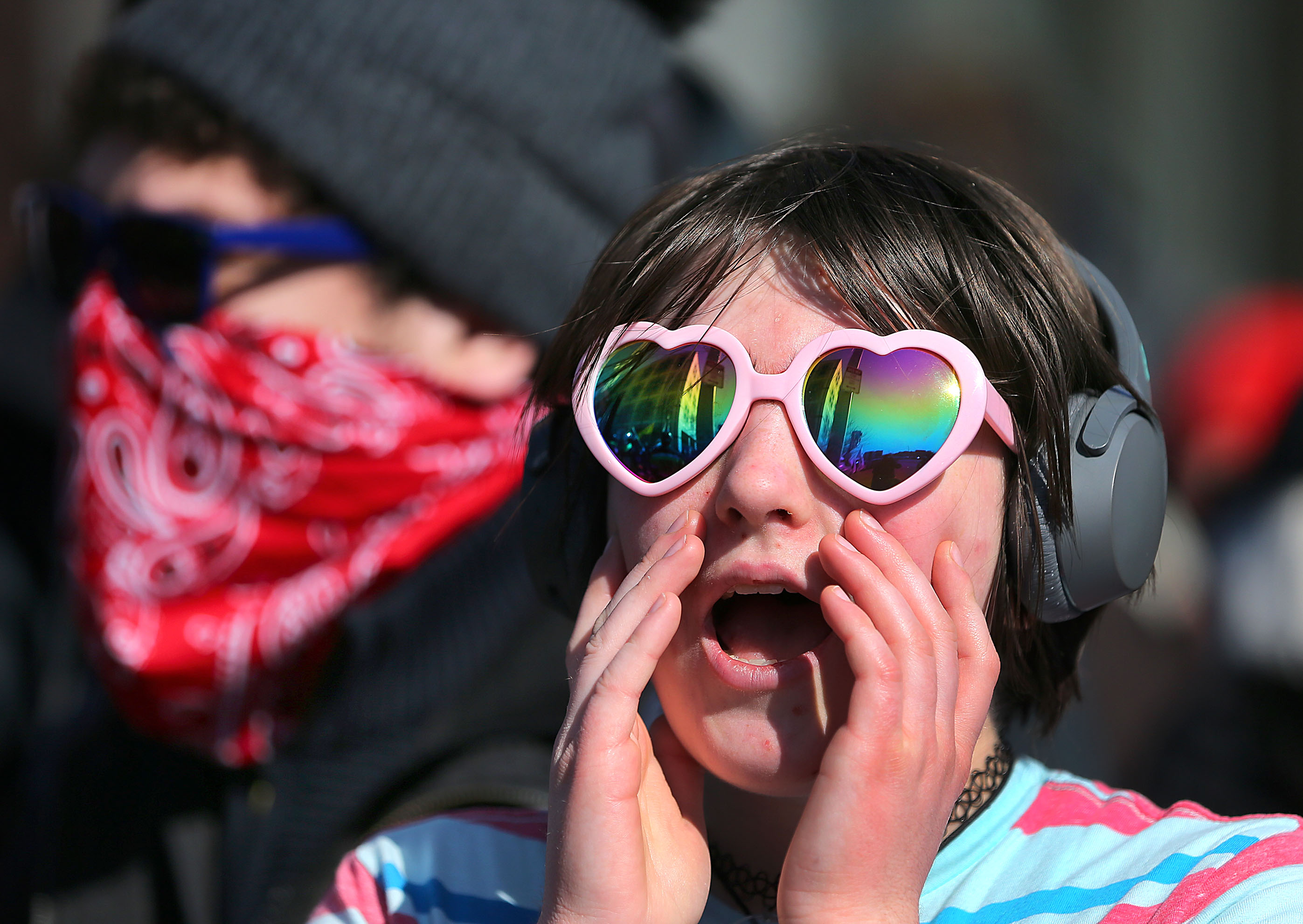 Counter demonstrators gathered outside Boston Police headquarters.