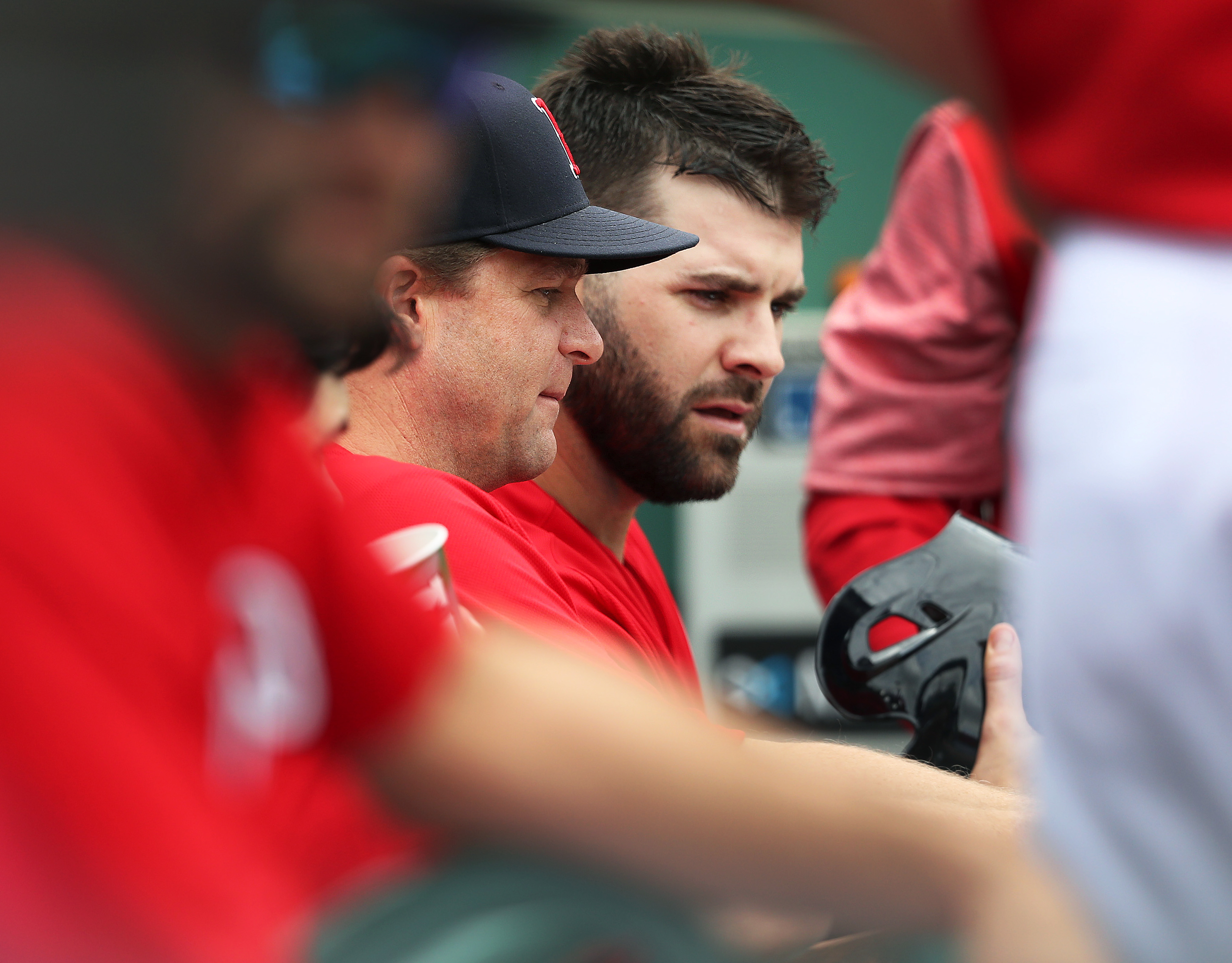 Red Sox hitting coach Tim Hyers goes over strategy with Mitch Moreland during a Sept. 26 game against the Orioles.
