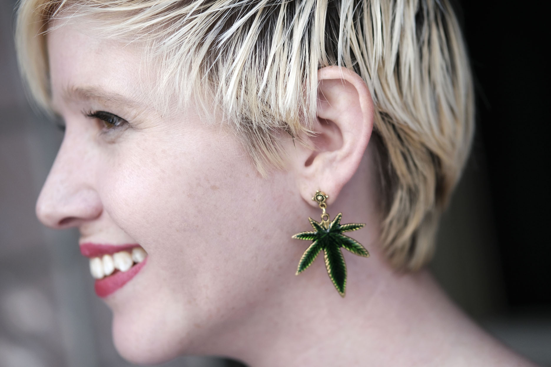 Alice Campbell from Irie Weddings and Events sports a marijuana earring.